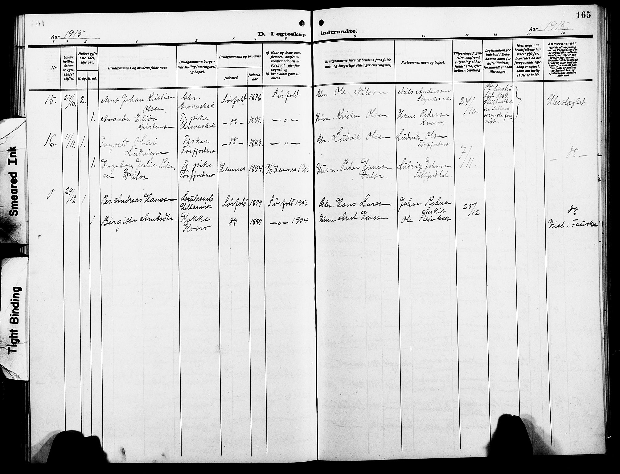 Ministerialprotokoller, klokkerbøker og fødselsregistre - Nordland, AV/SAT-A-1459/854/L0787: Parish register (copy) no. 854C03, 1913-1926, p. 165