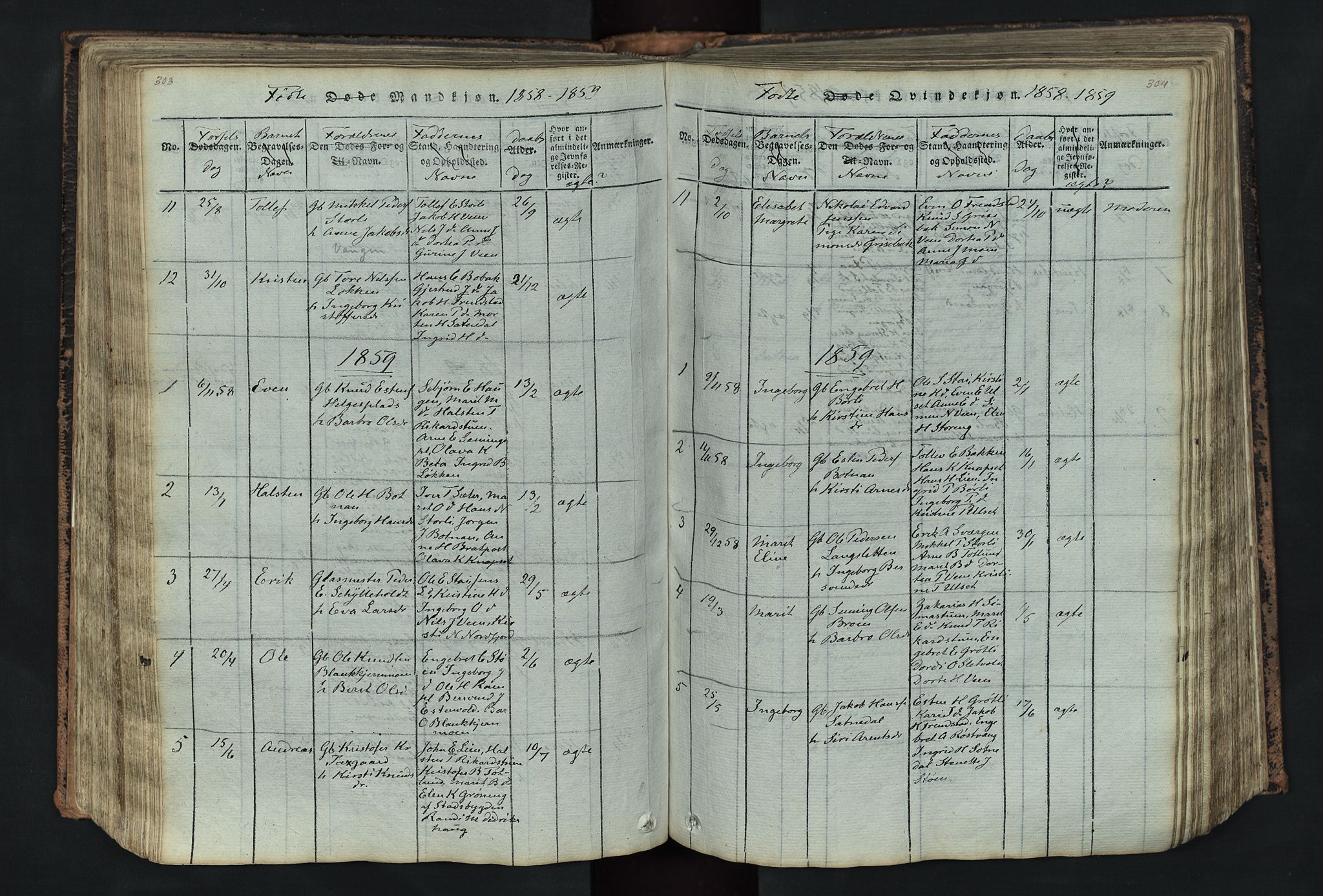 Kvikne prestekontor, SAH/PREST-064/H/Ha/Hab/L0001: Parish register (copy) no. 1, 1815-1895, p. 303-304
