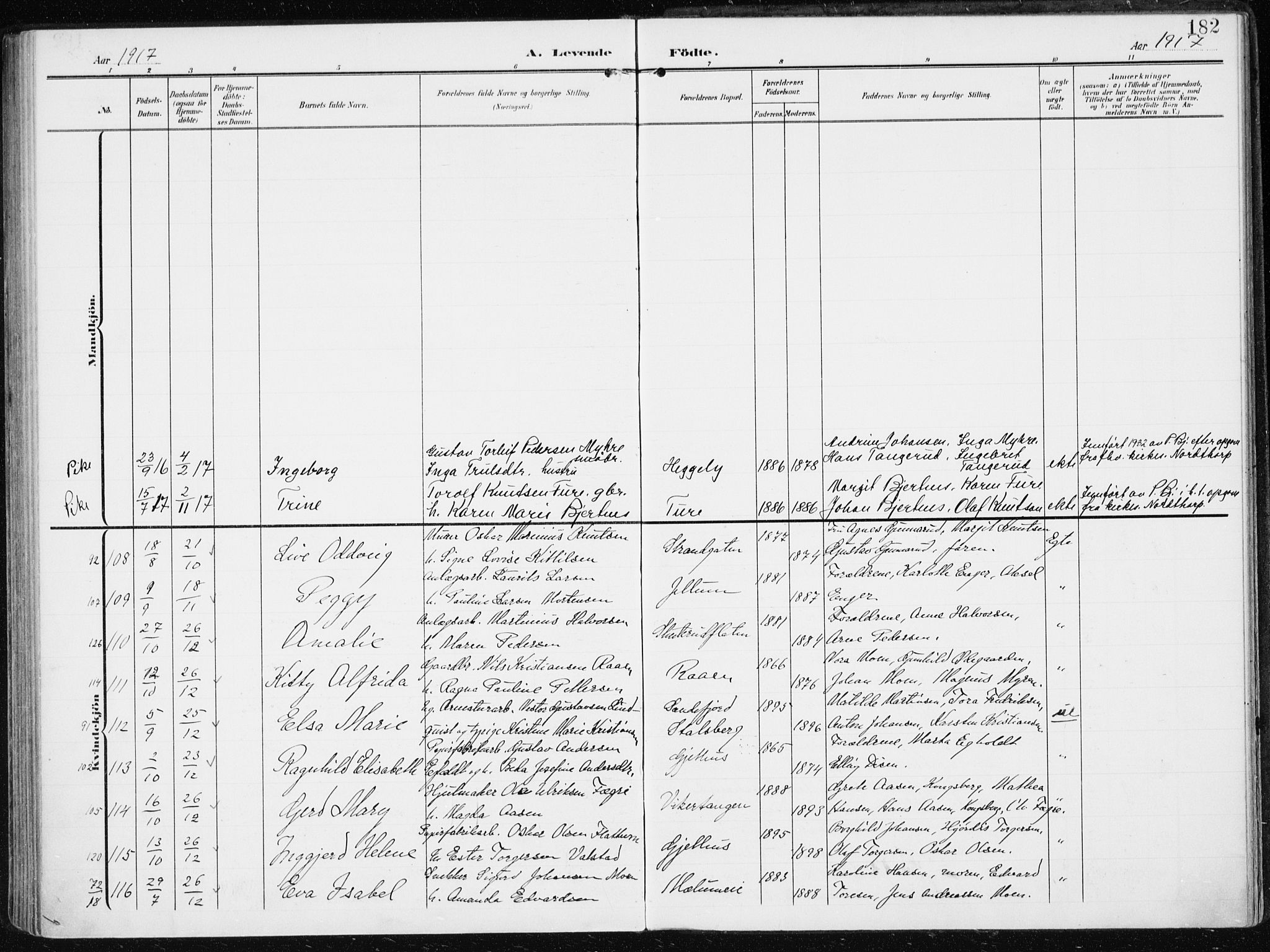 Modum kirkebøker, AV/SAKO-A-234/F/Fa/L0014a: Parish register (official) no. 14A, 1906-1918, p. 182