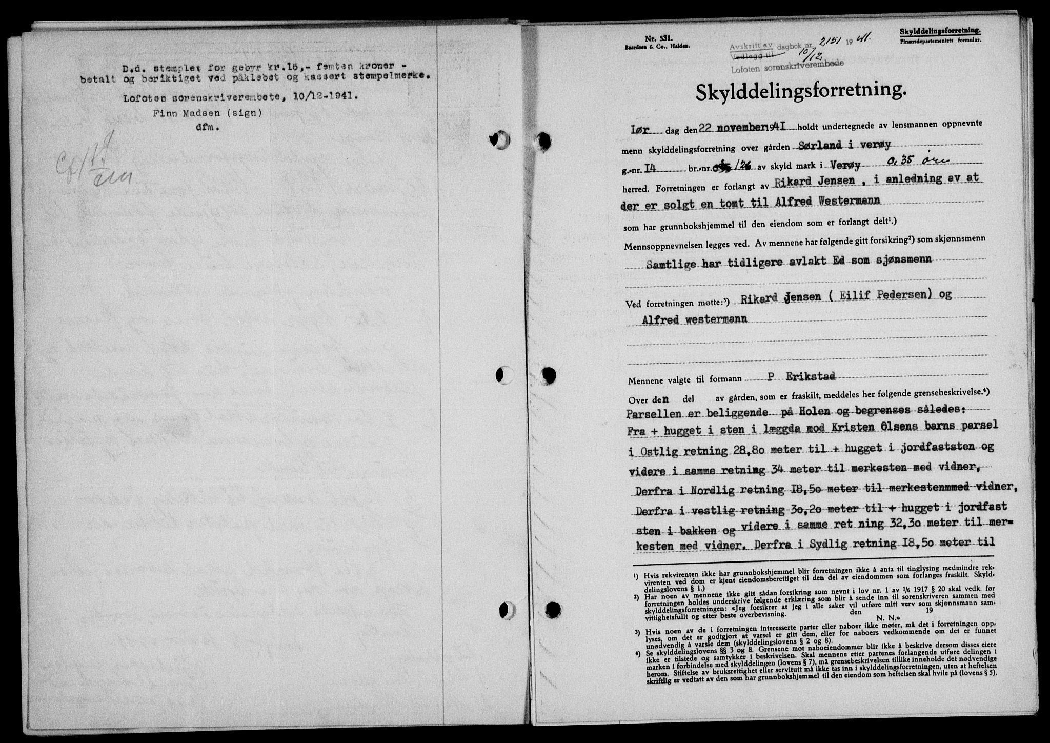 Lofoten sorenskriveri, SAT/A-0017/1/2/2C/L0009a: Mortgage book no. 9a, 1941-1942, Diary no: : 2151/1941