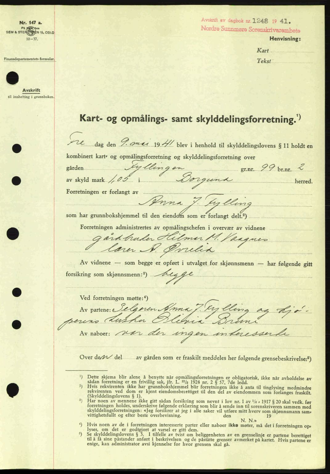 Nordre Sunnmøre sorenskriveri, AV/SAT-A-0006/1/2/2C/2Ca: Mortgage book no. A11, 1941-1941, Diary no: : 1248/1941