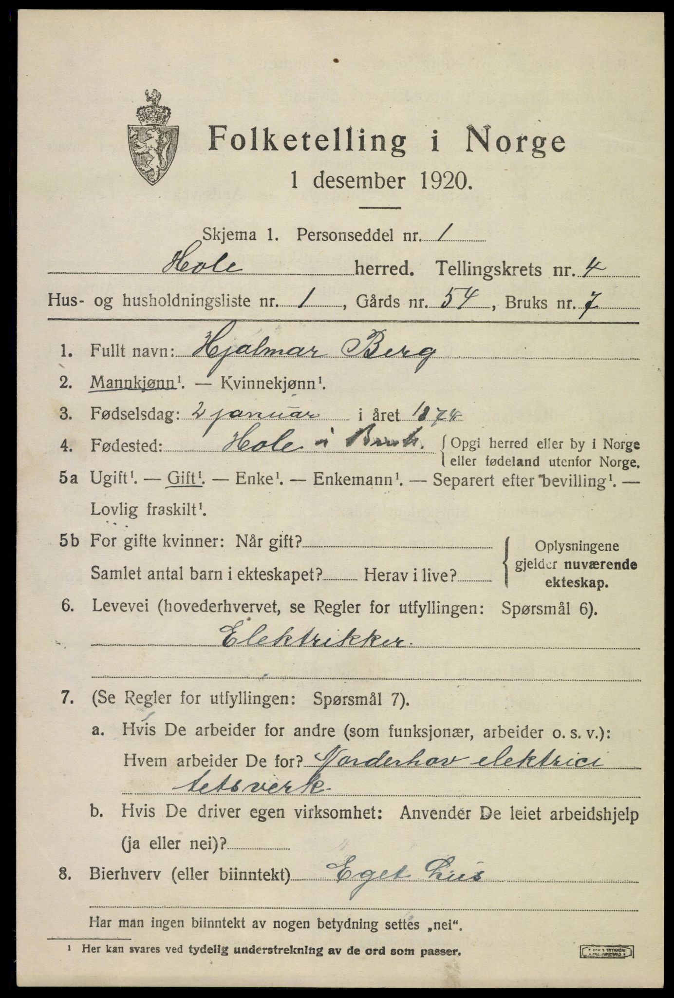 SAKO, 1920 census for Hole, 1920, p. 3141