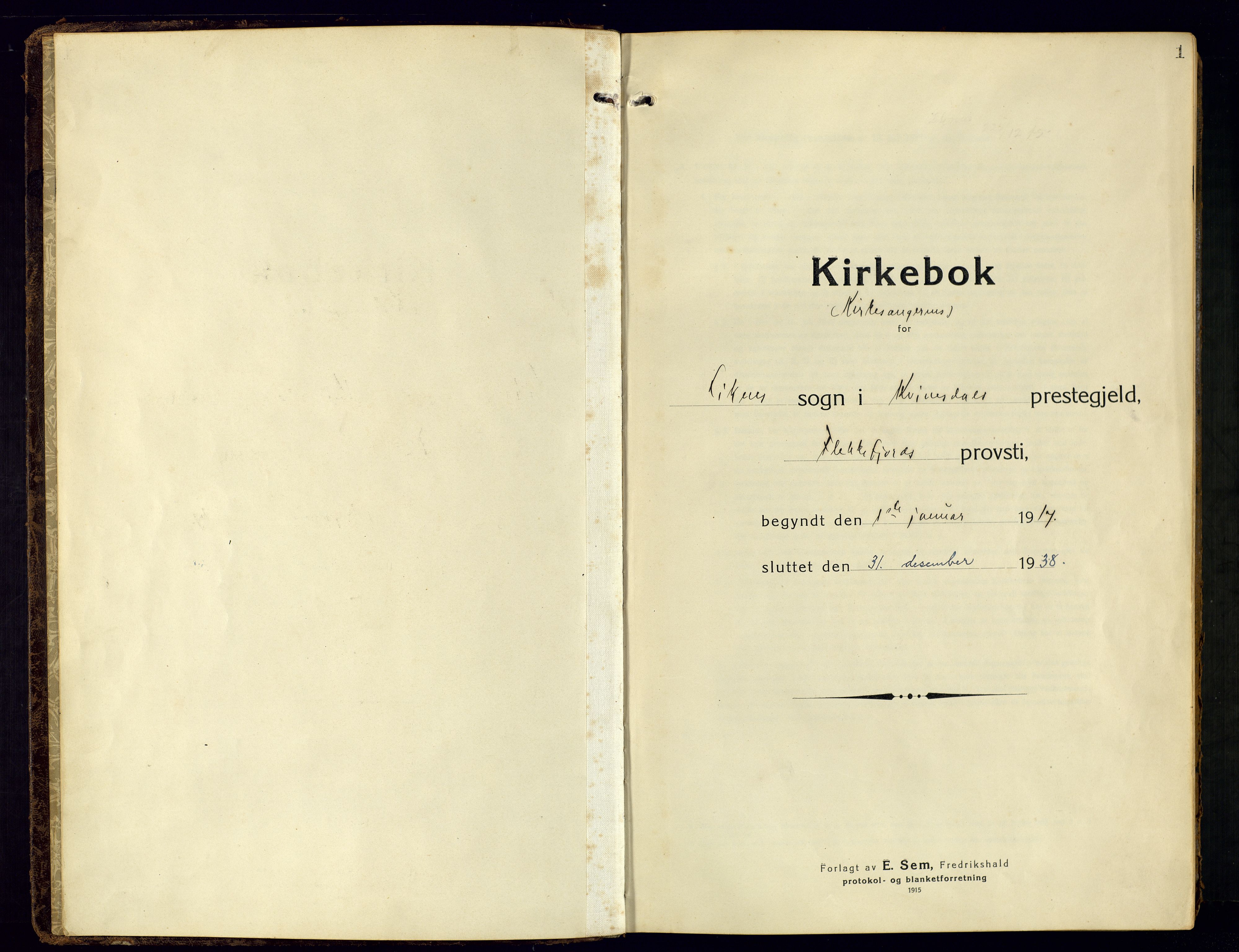 Kvinesdal sokneprestkontor, AV/SAK-1111-0026/F/Fb/Fbb/L0004: Parish register (copy) no. B 4, 1917-1938, p. 1