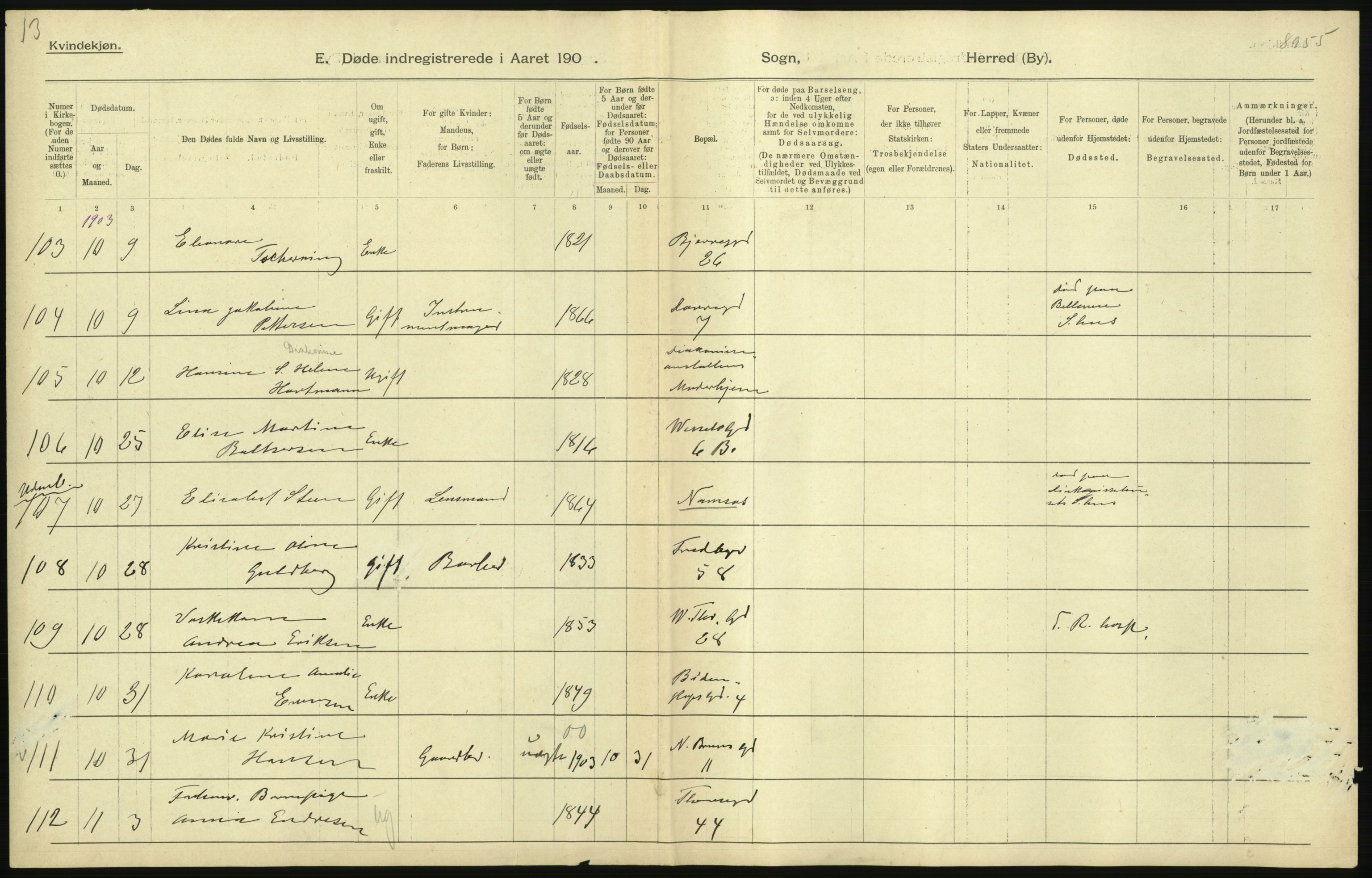 Statistisk sentralbyrå, Sosiodemografiske emner, Befolkning, AV/RA-S-2228/D/Df/Dfa/Dfaa/L0004: Kristiania: Gifte, døde, 1903, p. 41