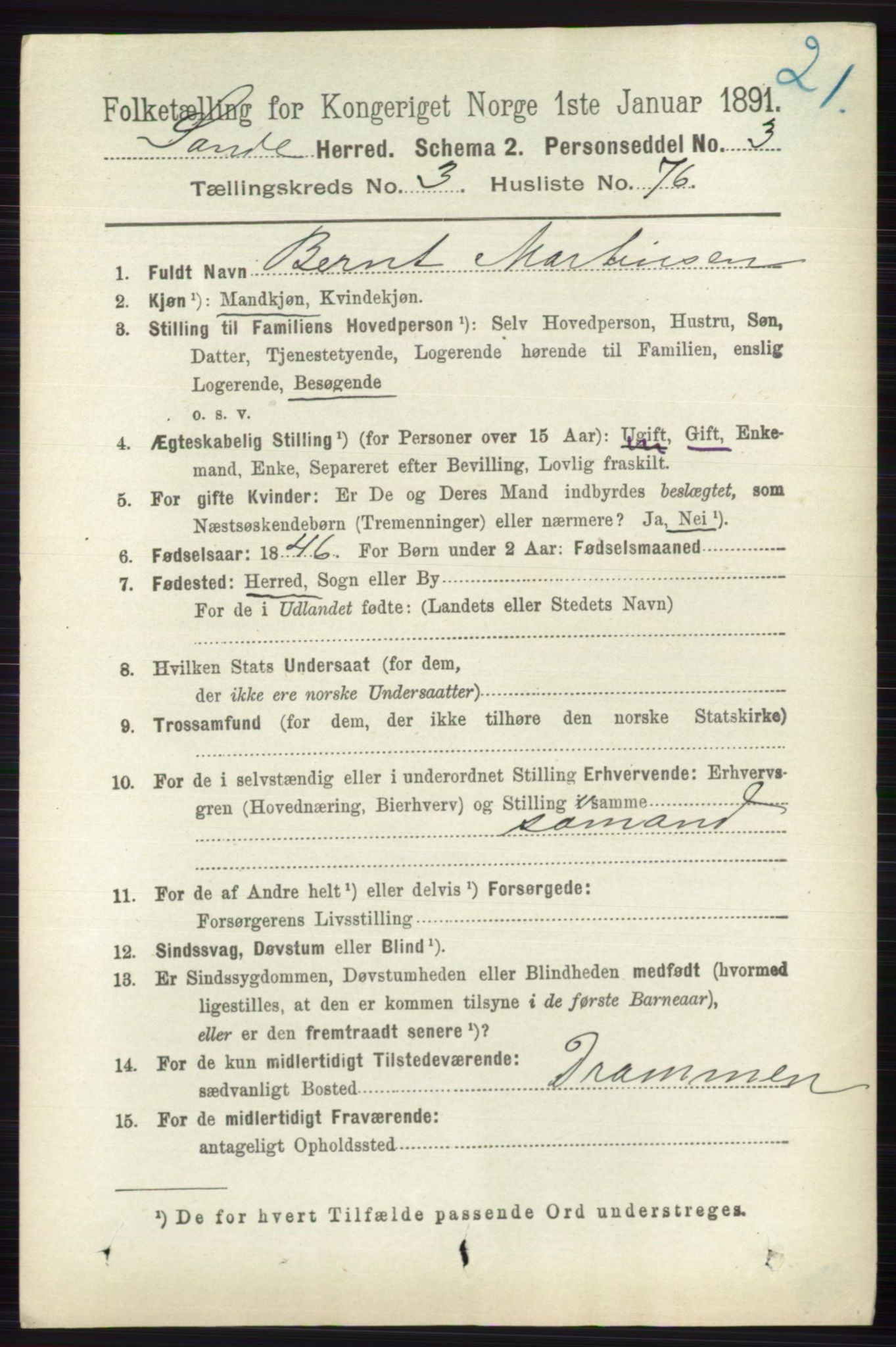 RA, 1891 census for 0713 Sande, 1891, p. 1380