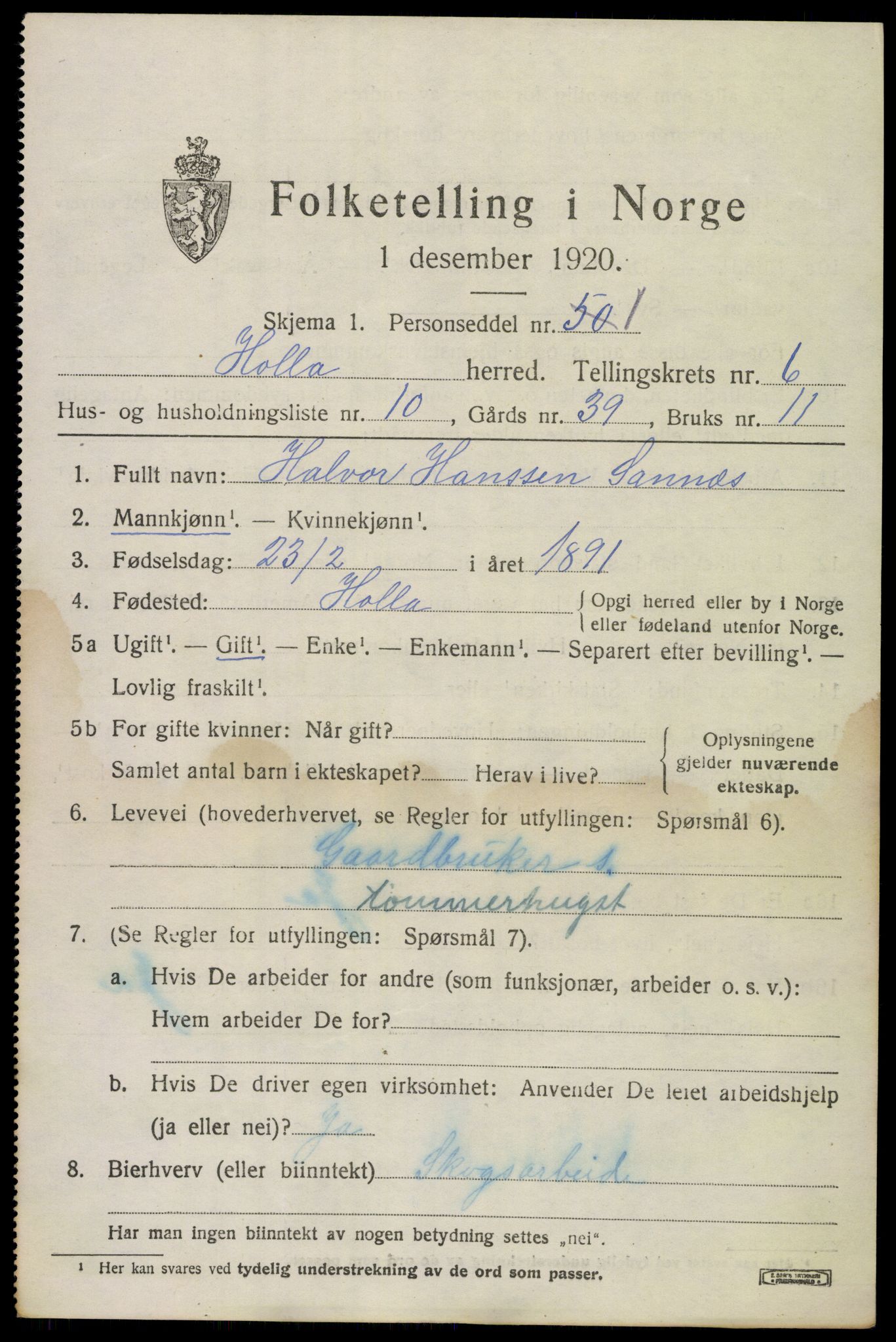 SAKO, 1920 census for Holla, 1920, p. 4547