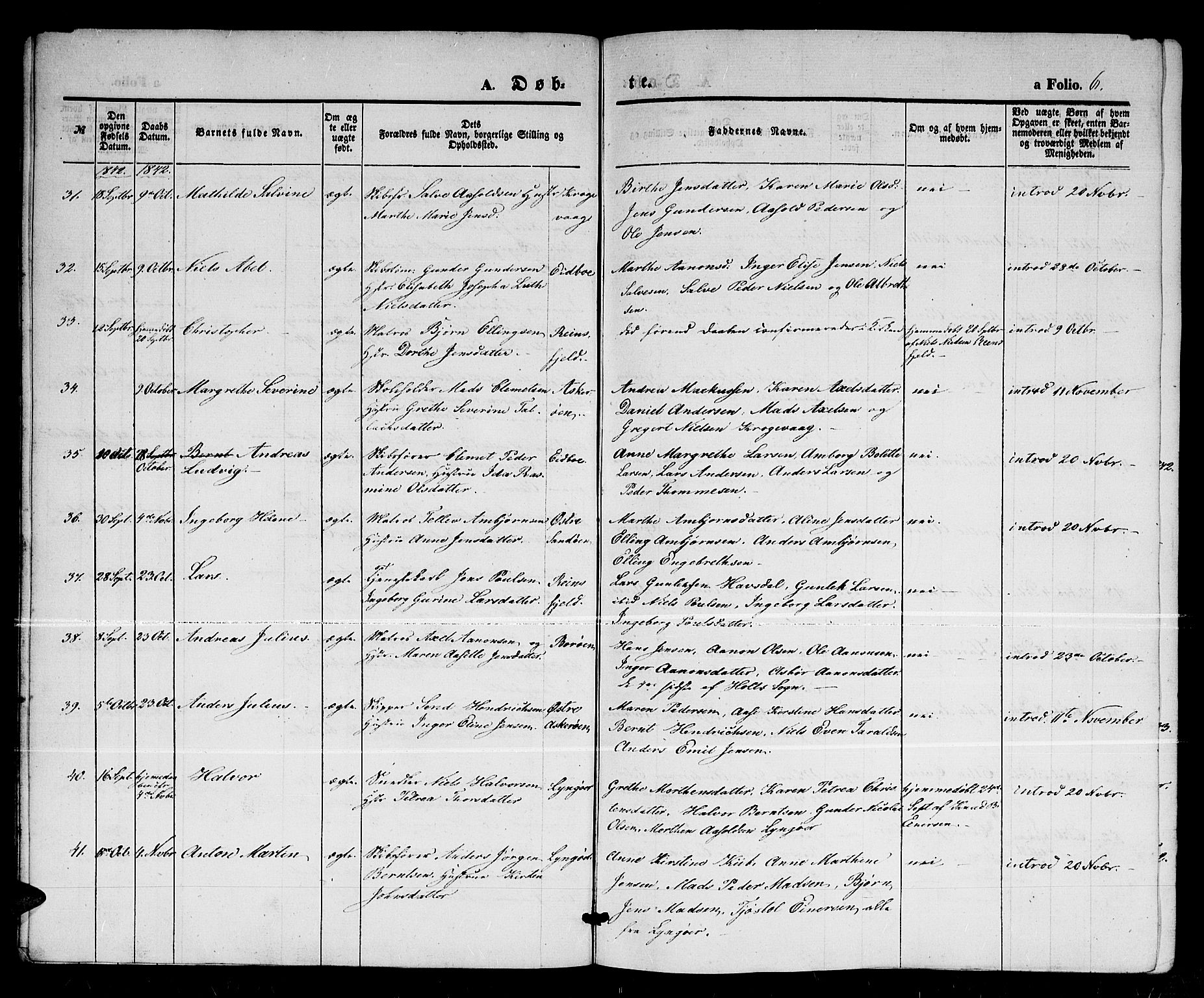 Dypvåg sokneprestkontor, AV/SAK-1111-0007/F/Fb/Fba/L0010: Parish register (copy) no. B 10, 1842-1857, p. 6