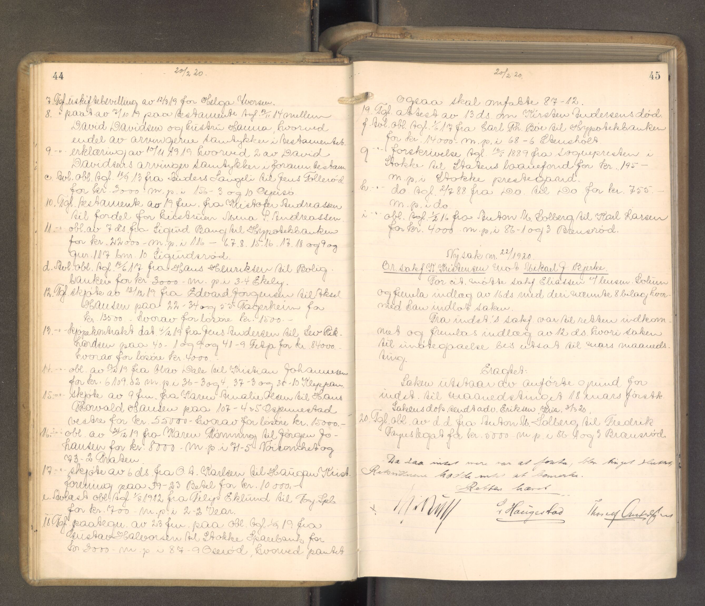 Søndre Jarlsberg sorenskriveri, AV/SAKO-A-129/F/Fa/L0051: Tingbok, 1920-1922, p. 44-45