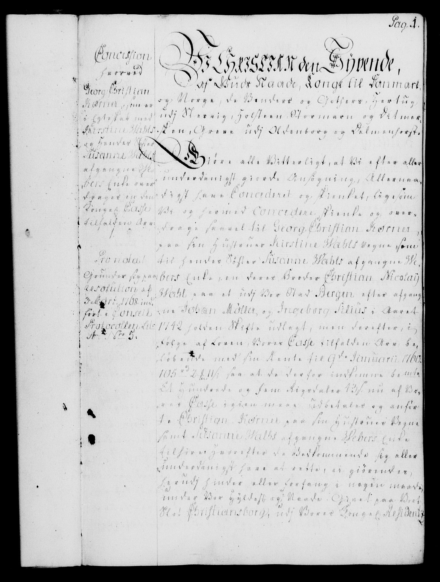 Rentekammeret, Kammerkanselliet, RA/EA-3111/G/Gg/Gga/L0008: Norsk ekspedisjonsprotokoll med register (merket RK 53.8), 1768-1771, p. 1