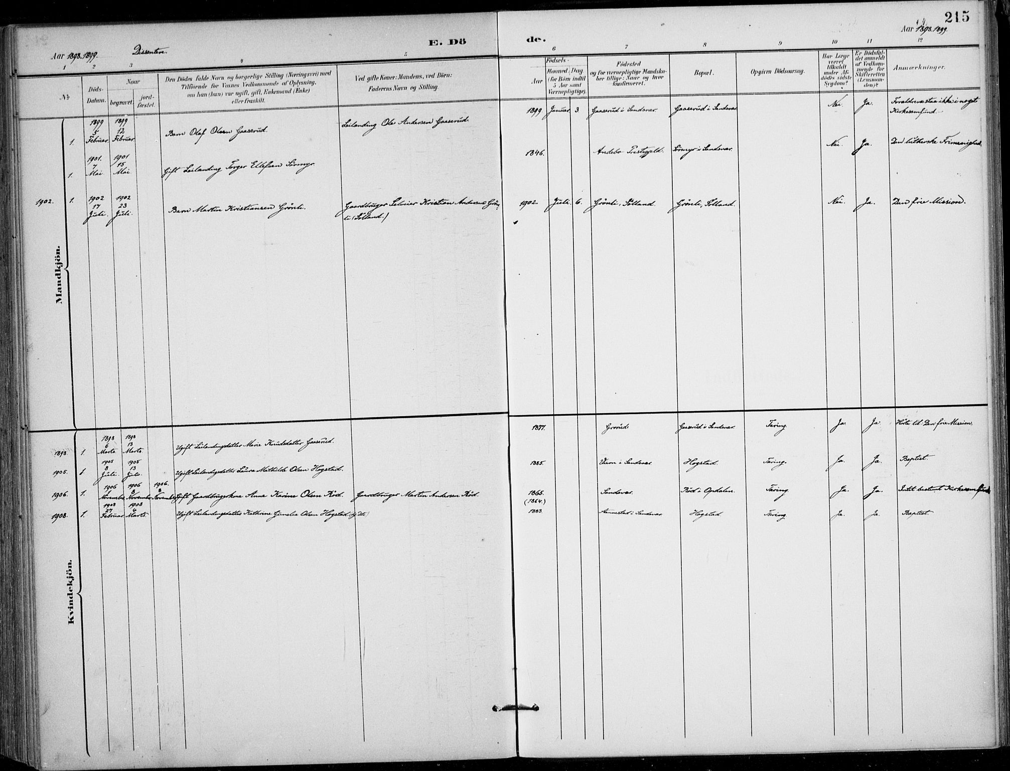 Siljan kirkebøker, SAKO/A-300/F/Fa/L0003: Parish register (official) no. 3, 1896-1910, p. 215