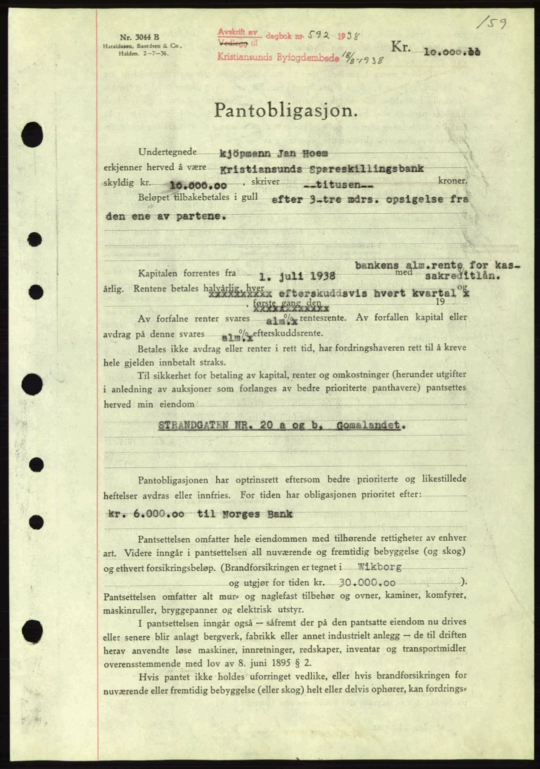 Kristiansund byfogd, SAT/A-4587/A/27: Mortgage book no. 31, 1938-1939, Diary no: : 592/1938