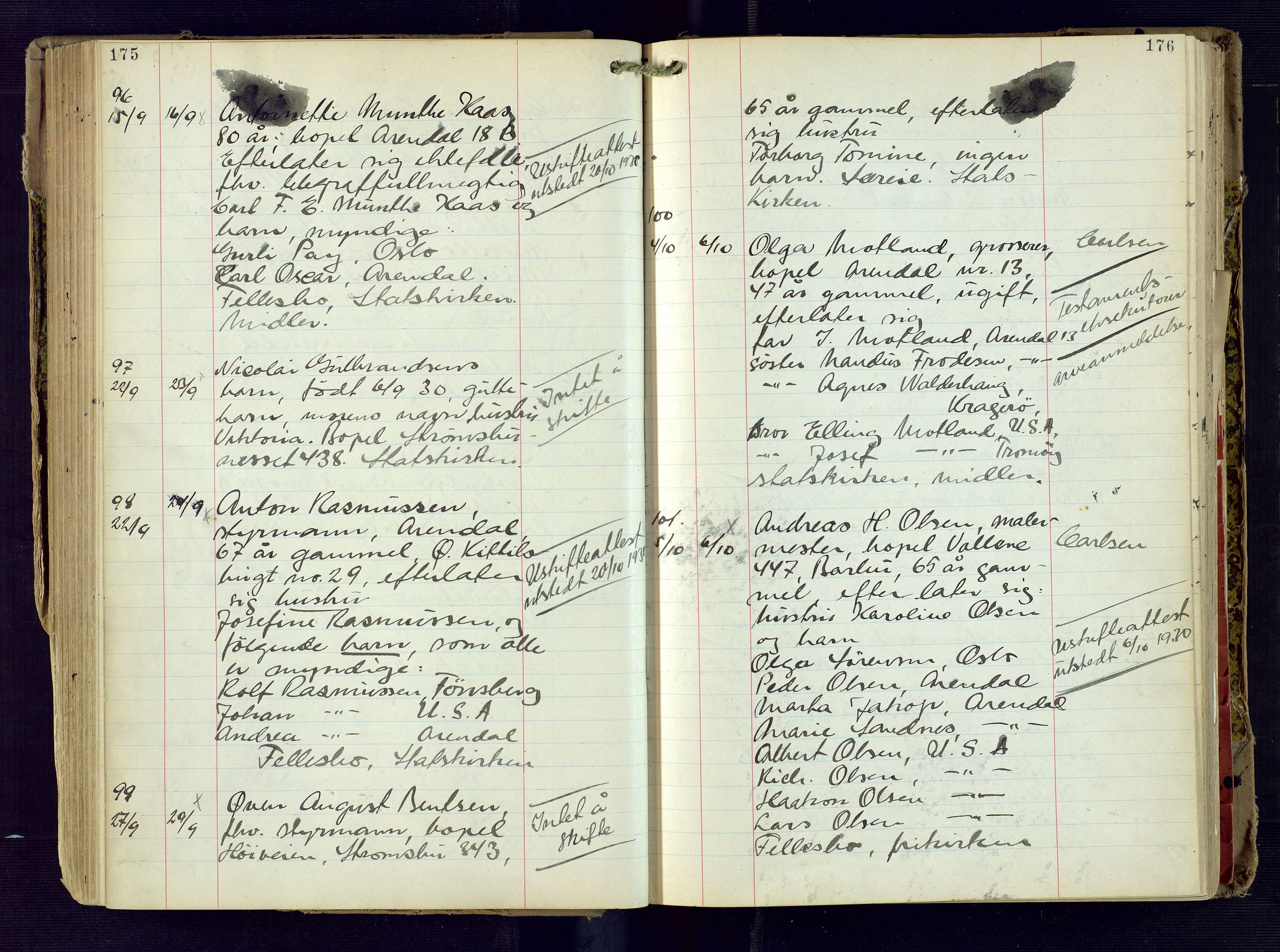 Arendal byfogd, AV/SAK-1222-0001/H/Ha/L0005: Dødsfallsprotokoll, 1926-1935, p. 175-176