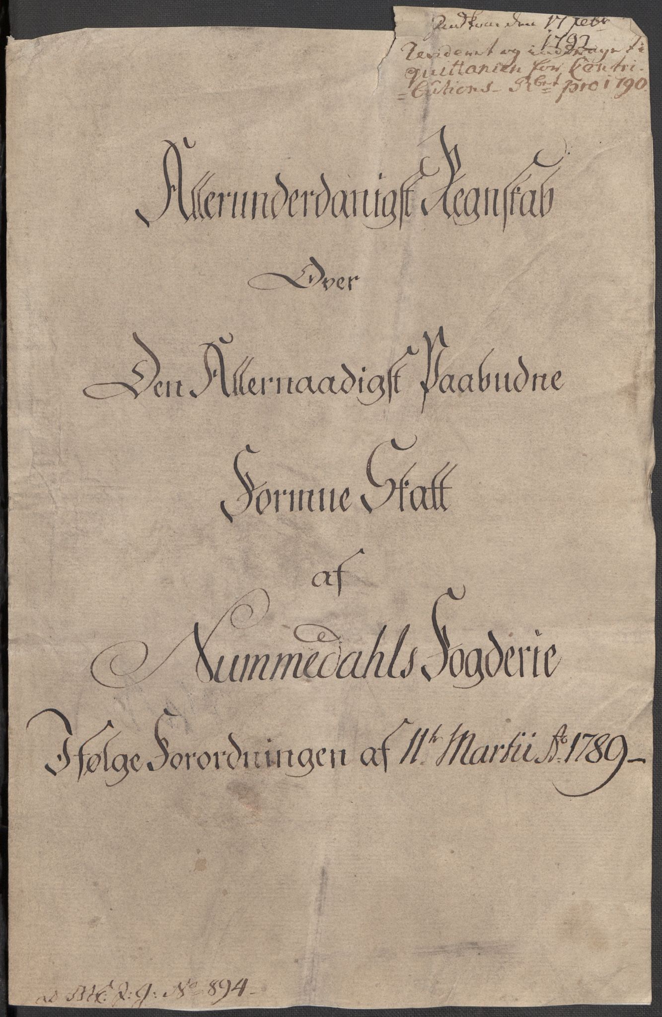 Rentekammeret inntil 1814, Reviderte regnskaper, Mindre regnskaper, AV/RA-EA-4068/Rf/Rfe/L0025: Moss, Onsøy, Tune og Veme fogderi. Namdal fogderi, 1789, p. 156