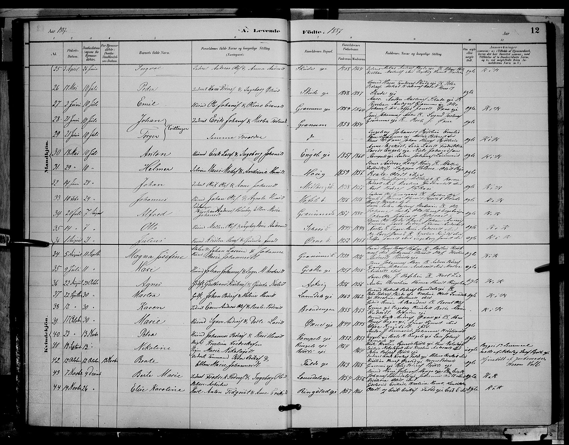 Søndre Land prestekontor, SAH/PREST-122/L/L0002: Parish register (copy) no. 2, 1884-1900, p. 12