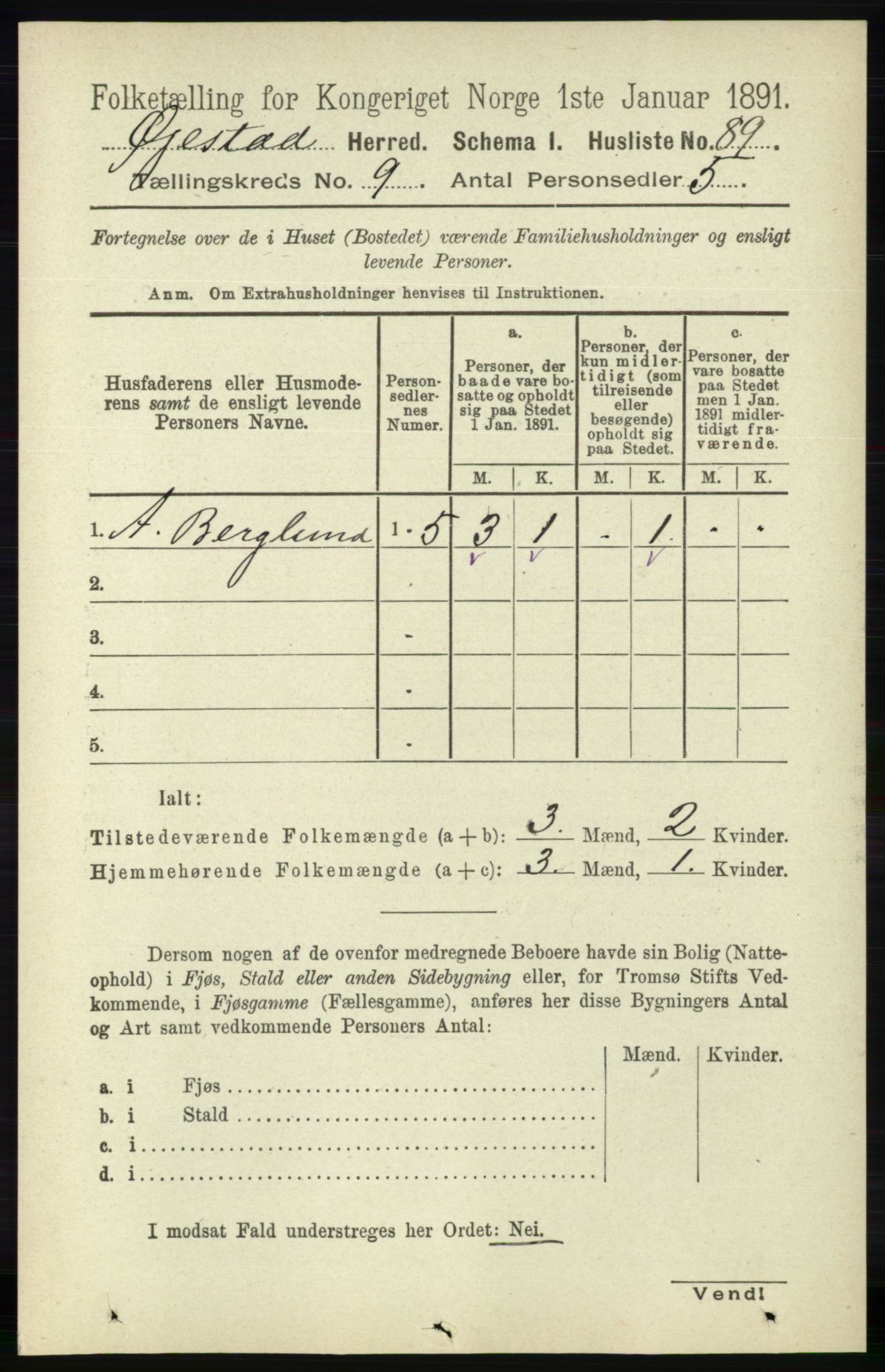 RA, 1891 census for 0920 Øyestad, 1891, p. 3564