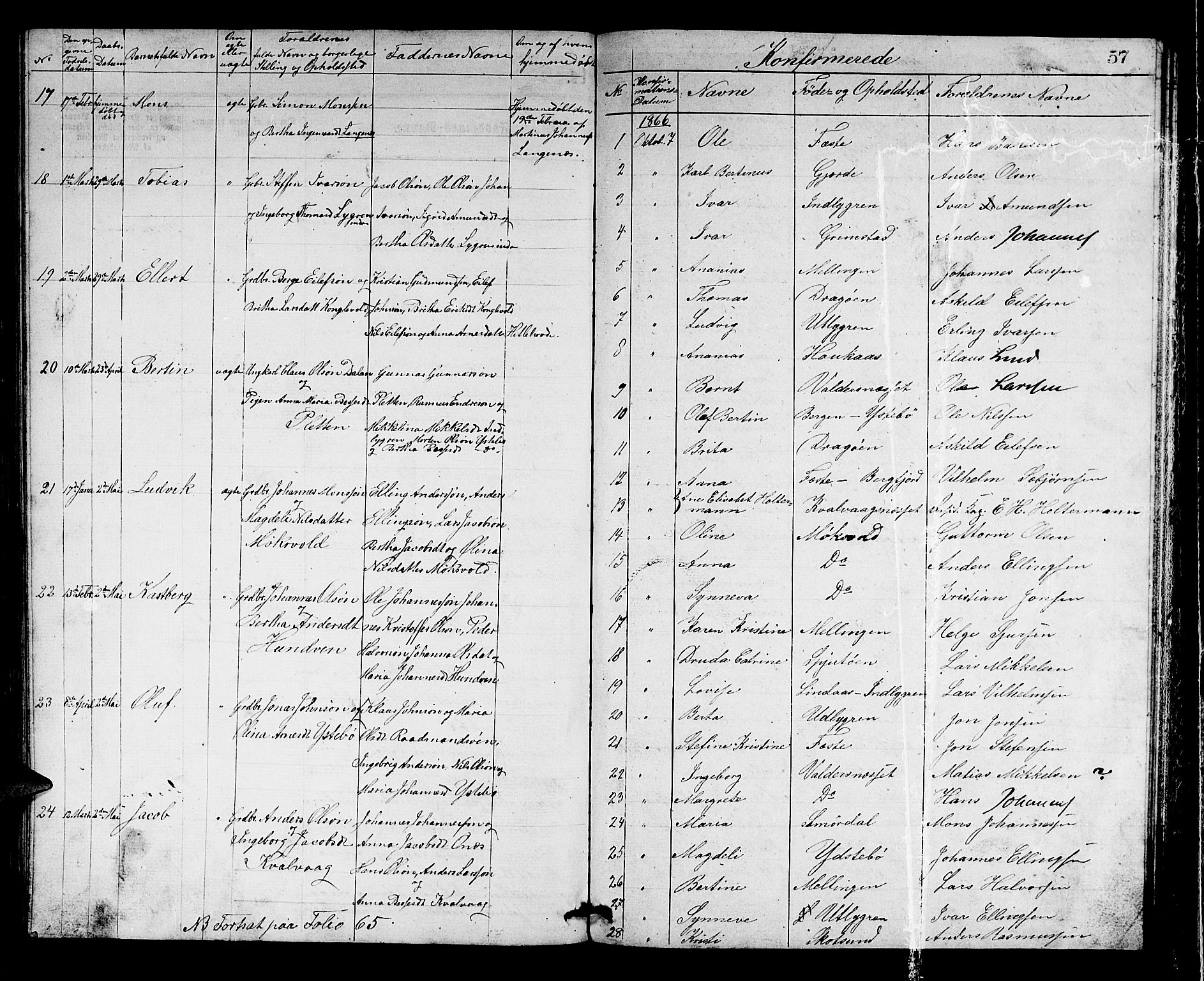Alversund Sokneprestembete, SAB/A-73901/H/Ha/Hab: Parish register (copy) no. B 2, 1866-1880, p. 57