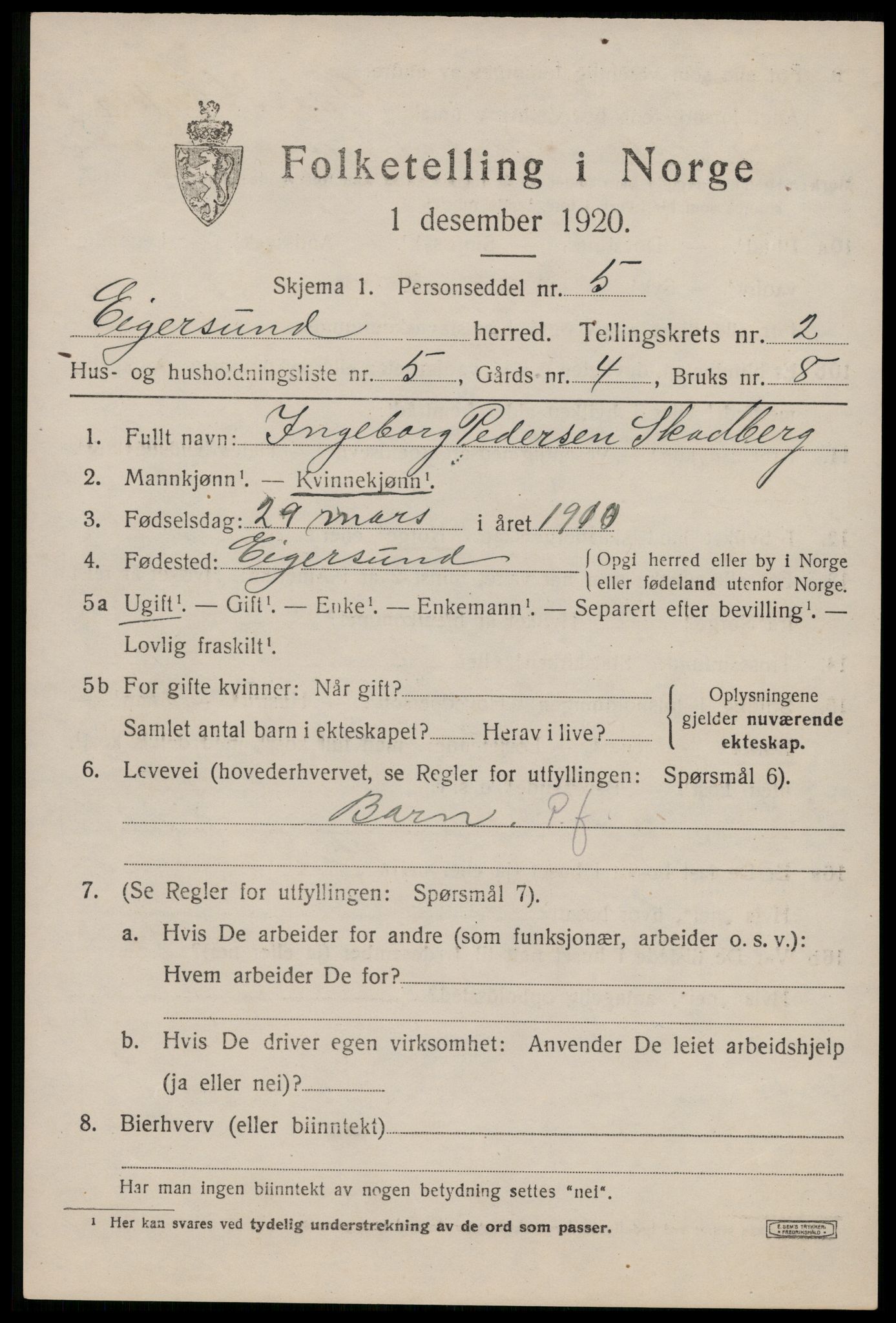 SAST, 1920 census for Eigersund, 1920, p. 1667