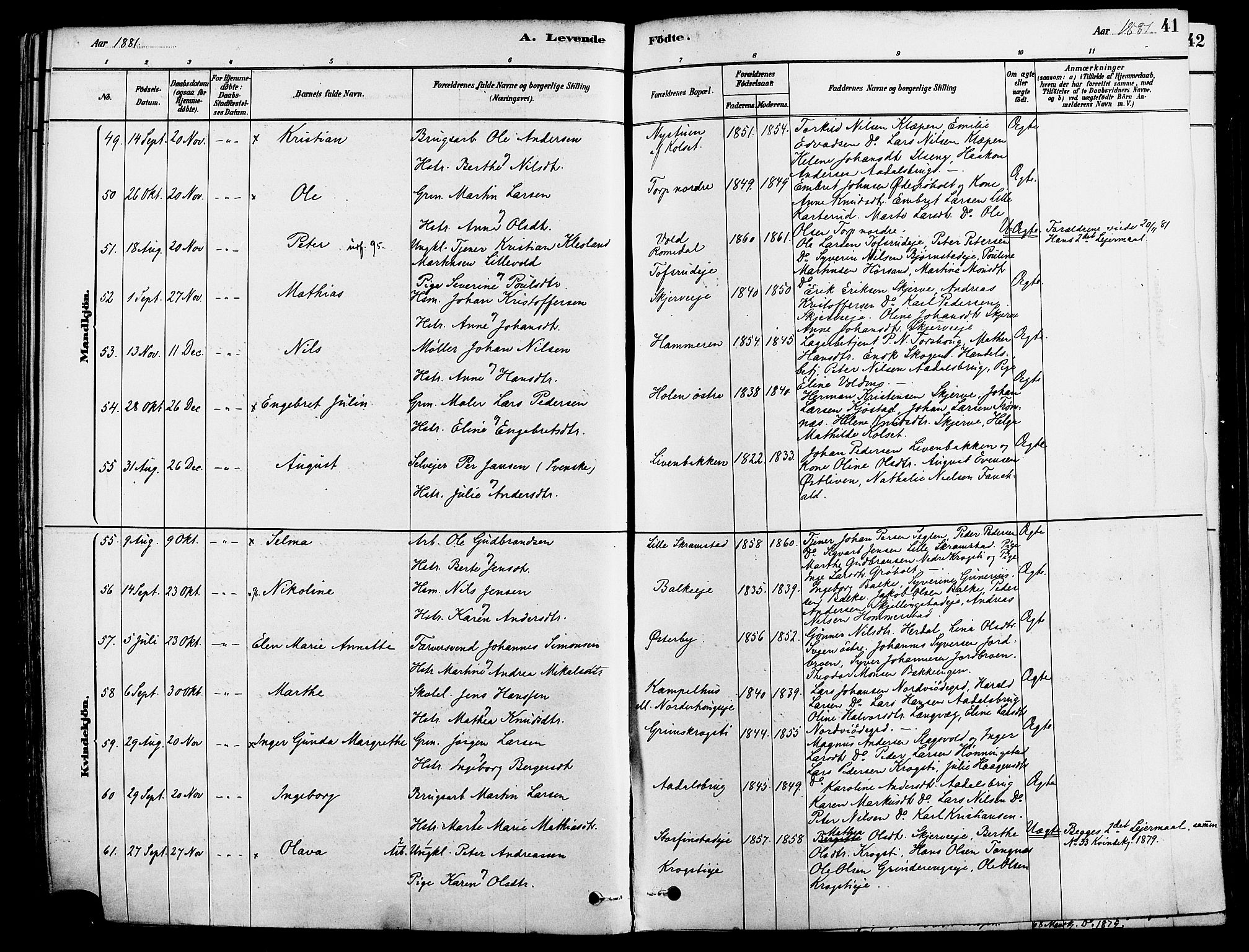 Løten prestekontor, AV/SAH-PREST-022/K/Ka/L0009: Parish register (official) no. 9, 1878-1891, p. 41