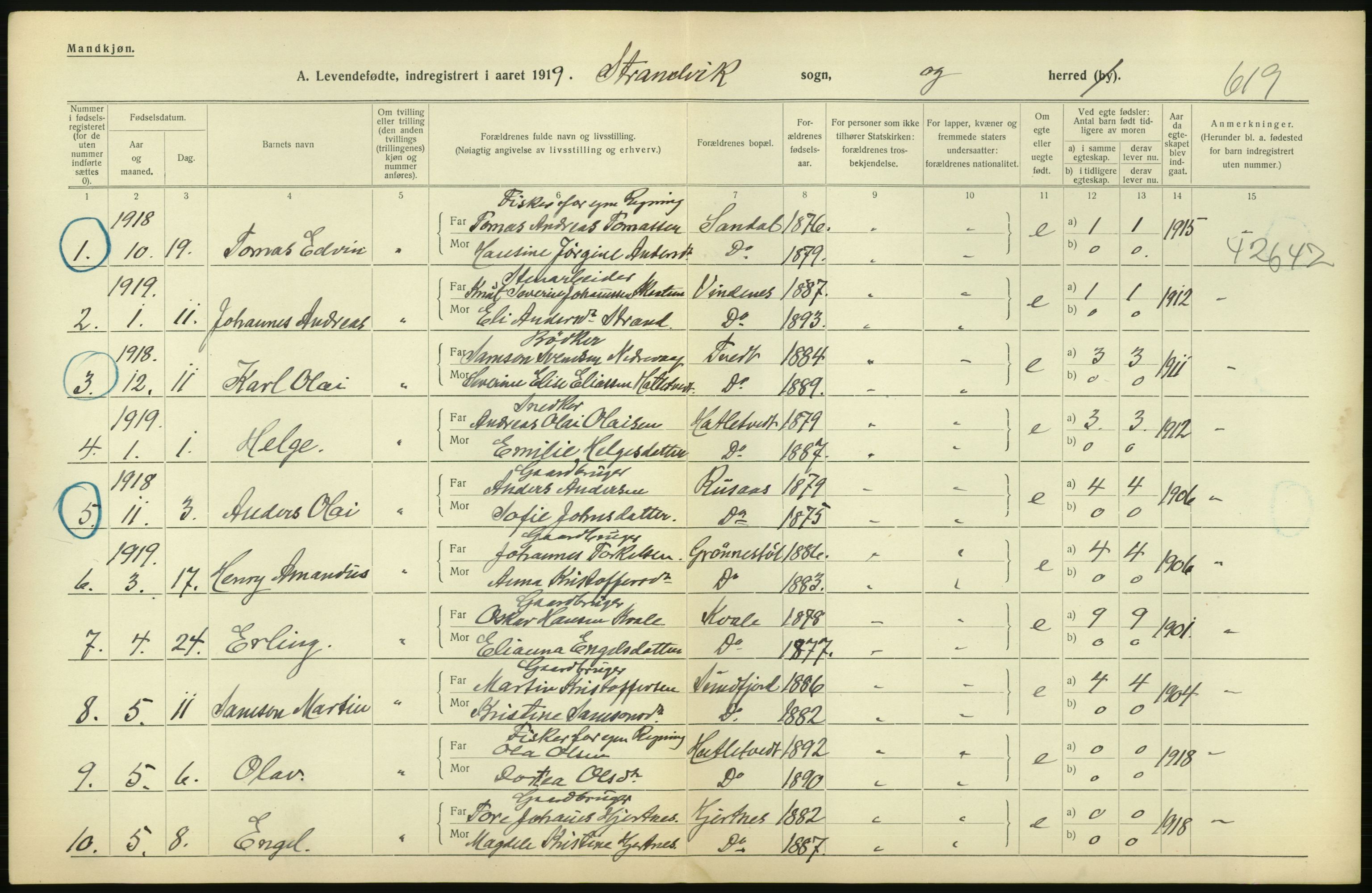 Statistisk sentralbyrå, Sosiodemografiske emner, Befolkning, RA/S-2228/D/Df/Dfb/Dfbi/L0031: Hordaland fylke: Levendefødte menn og kvinner. Bygder., 1919, p. 106