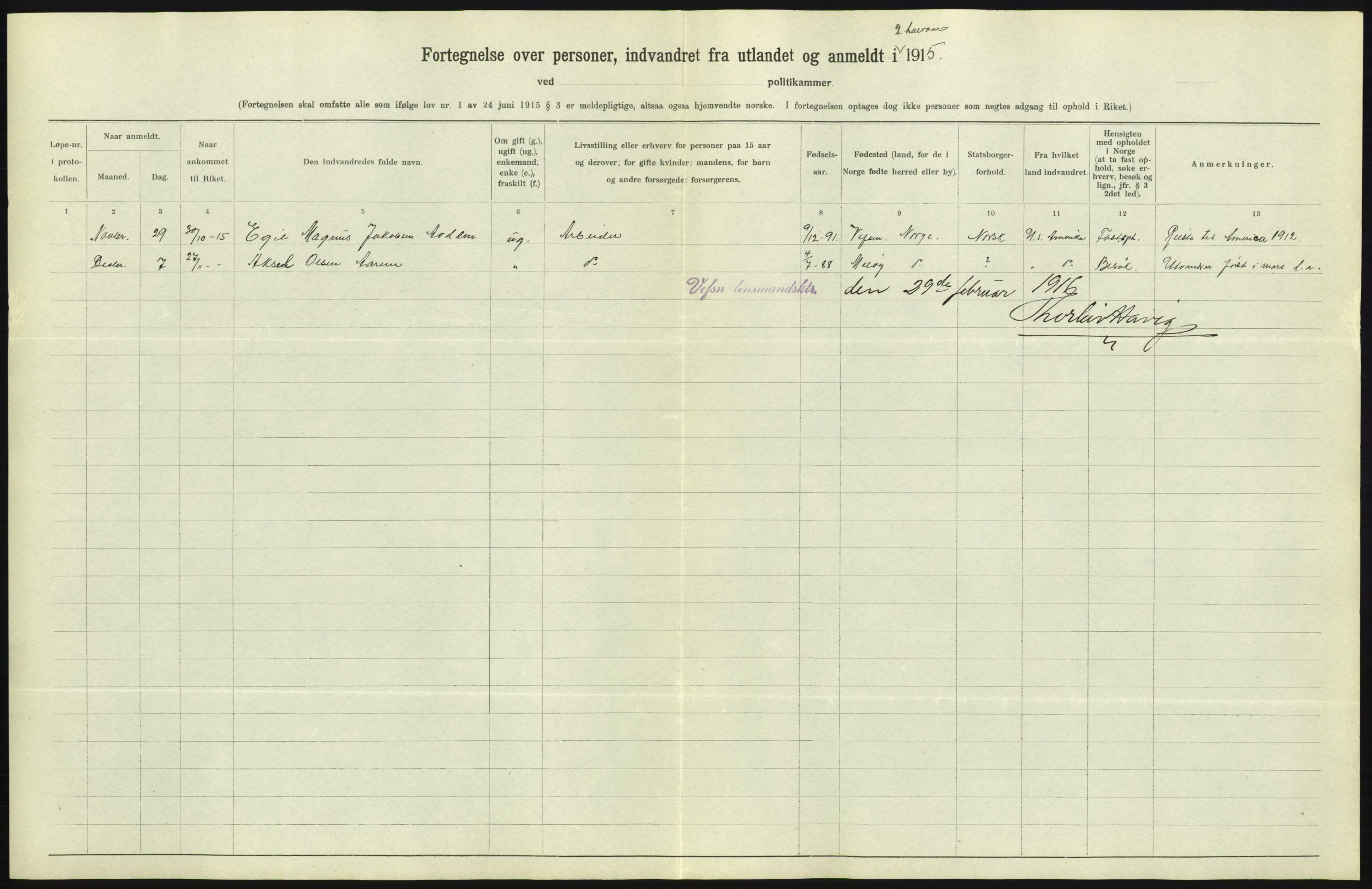 Statistisk sentralbyrå, Sosioøkonomiske emner, Folketellinger, boliger og boforhold, AV/RA-S-2231/F/Fa/L0001: Innvandring. Navn/fylkesvis, 1915, p. 532