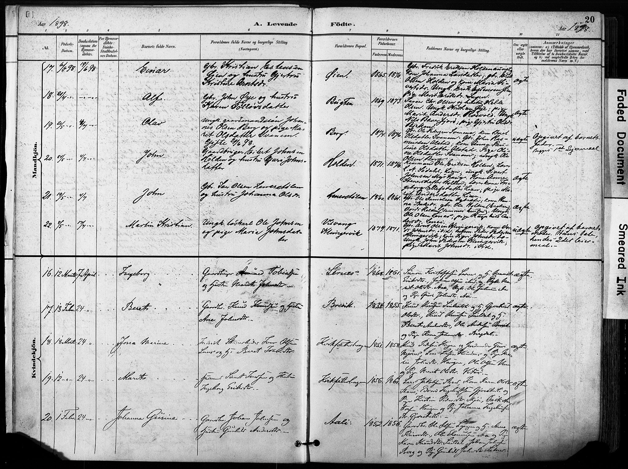 Ministerialprotokoller, klokkerbøker og fødselsregistre - Sør-Trøndelag, AV/SAT-A-1456/630/L0497: Parish register (official) no. 630A10, 1896-1910, p. 20