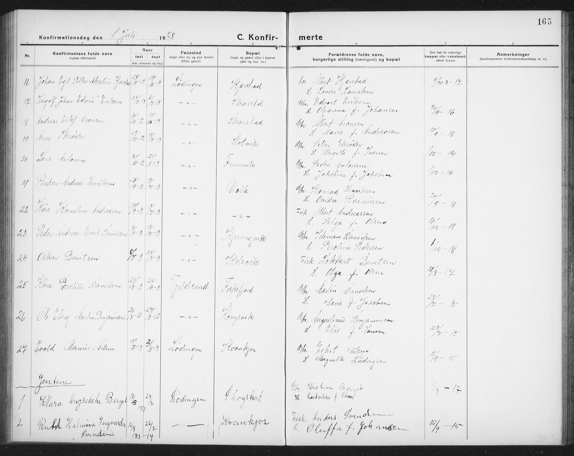 Ministerialprotokoller, klokkerbøker og fødselsregistre - Nordland, AV/SAT-A-1459/872/L1049: Parish register (copy) no. 872C05, 1920-1938, p. 165