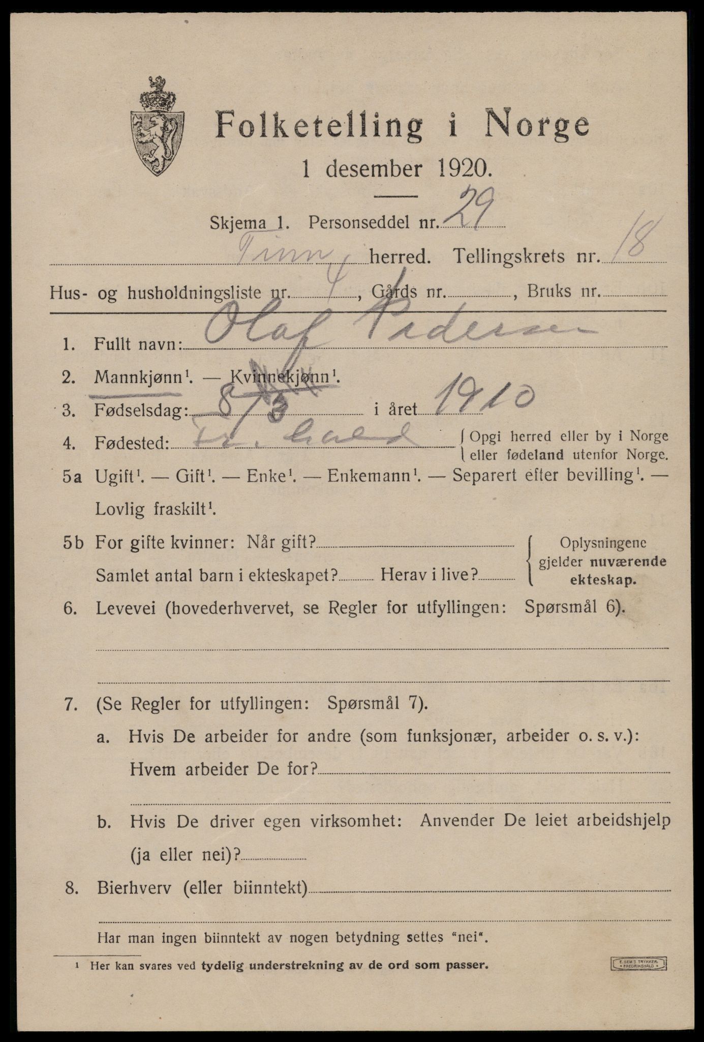 SAKO, 1920 census for Tinn, 1920, p. 23748