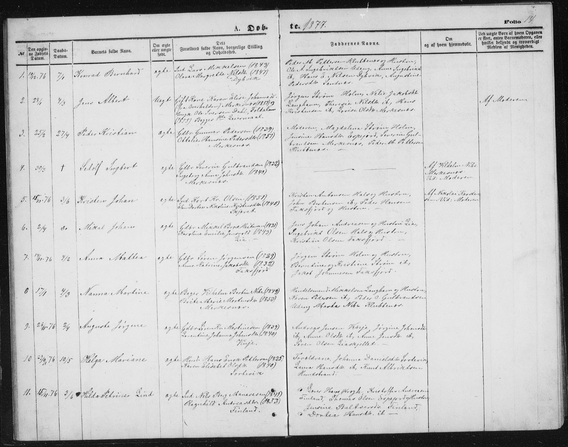 Tranøy sokneprestkontor, AV/SATØ-S-1313/I/Ia/Iab/L0013klokker: Parish register (copy) no. 13, 1874-1896, p. 14