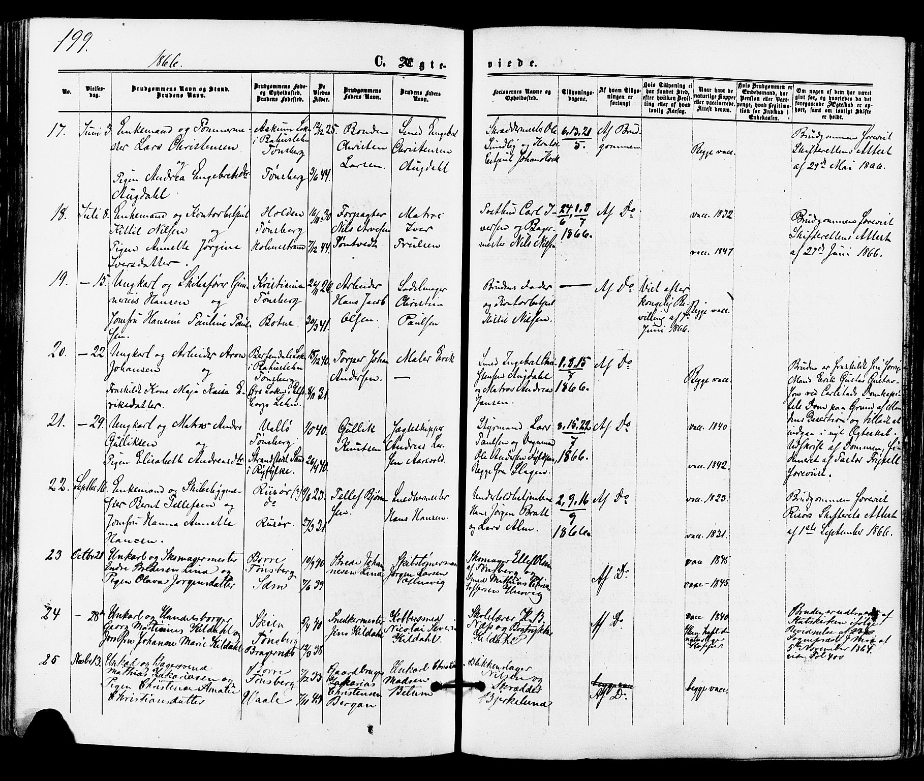 Tønsberg kirkebøker, AV/SAKO-A-330/F/Fa/L0009: Parish register (official) no. I 9, 1865-1873, p. 199