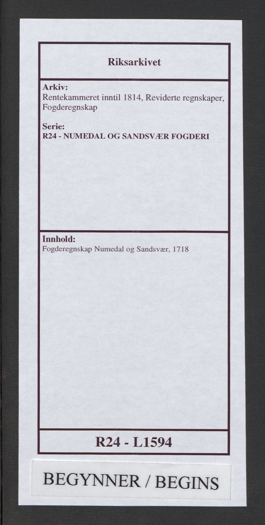 Rentekammeret inntil 1814, Reviderte regnskaper, Fogderegnskap, AV/RA-EA-4092/R24/L1594: Fogderegnskap Numedal og Sandsvær, 1718, p. 1