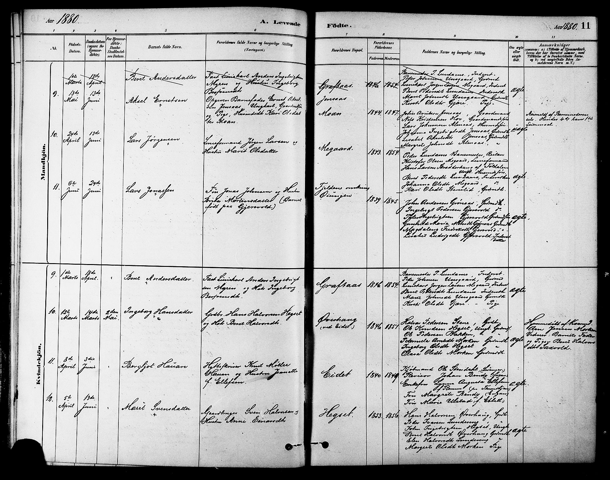 Ministerialprotokoller, klokkerbøker og fødselsregistre - Sør-Trøndelag, AV/SAT-A-1456/686/L0983: Parish register (official) no. 686A01, 1879-1890, p. 11