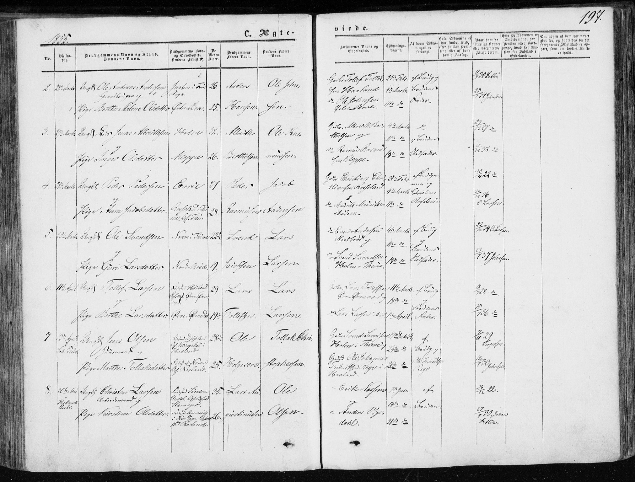 Klepp sokneprestkontor, AV/SAST-A-101803/001/3/30BA/L0005: Parish register (official) no. A 5, 1853-1870, p. 197