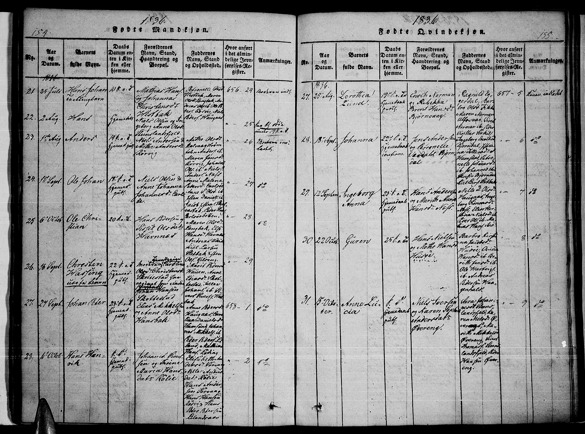 Ministerialprotokoller, klokkerbøker og fødselsregistre - Nordland, AV/SAT-A-1459/859/L0842: Parish register (official) no. 859A02, 1821-1839, p. 154-155