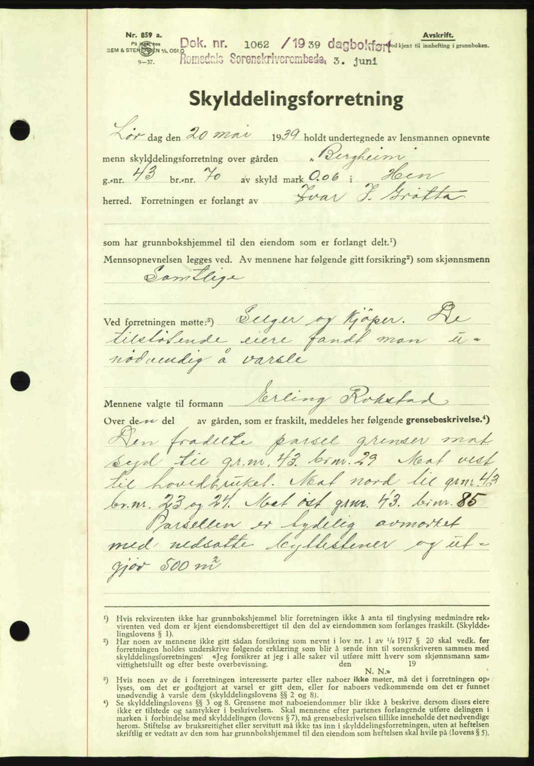 Romsdal sorenskriveri, AV/SAT-A-4149/1/2/2C: Mortgage book no. A7, 1939-1939, Diary no: : 1062/1939