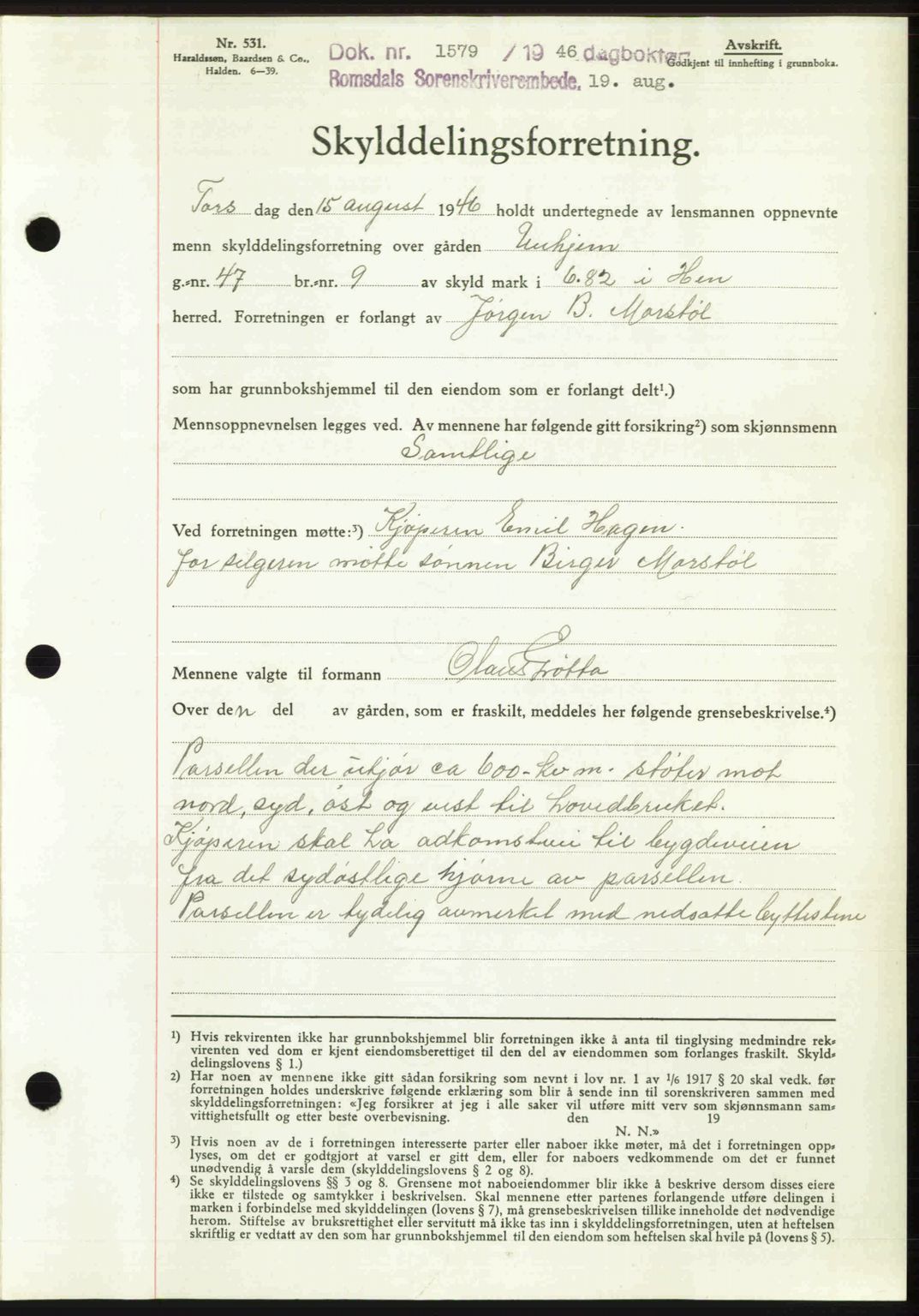 Romsdal sorenskriveri, AV/SAT-A-4149/1/2/2C: Mortgage book no. A20, 1946-1946, Diary no: : 1579/1946