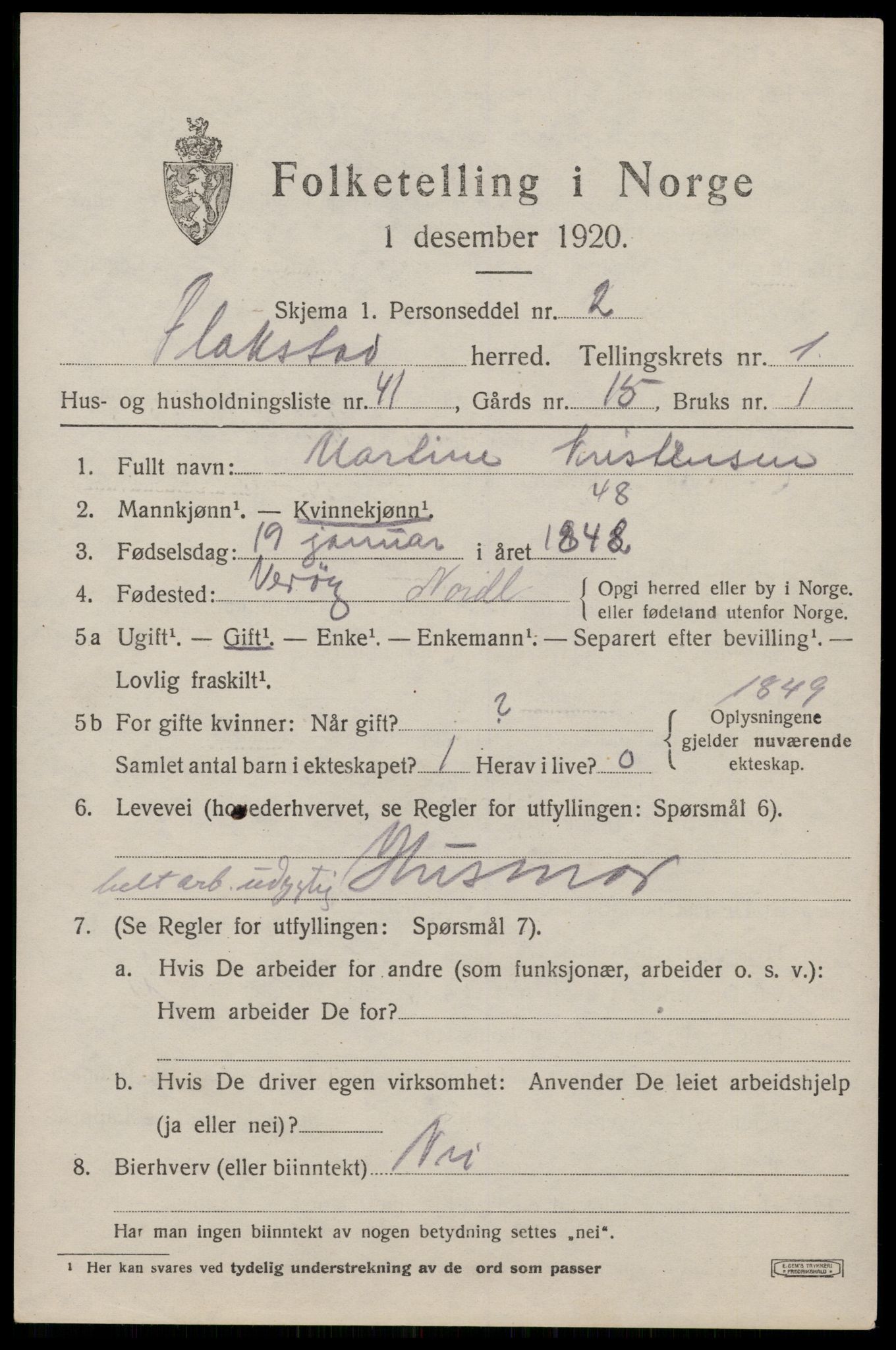 SAT, 1920 census for Flakstad, 1920, p. 1041