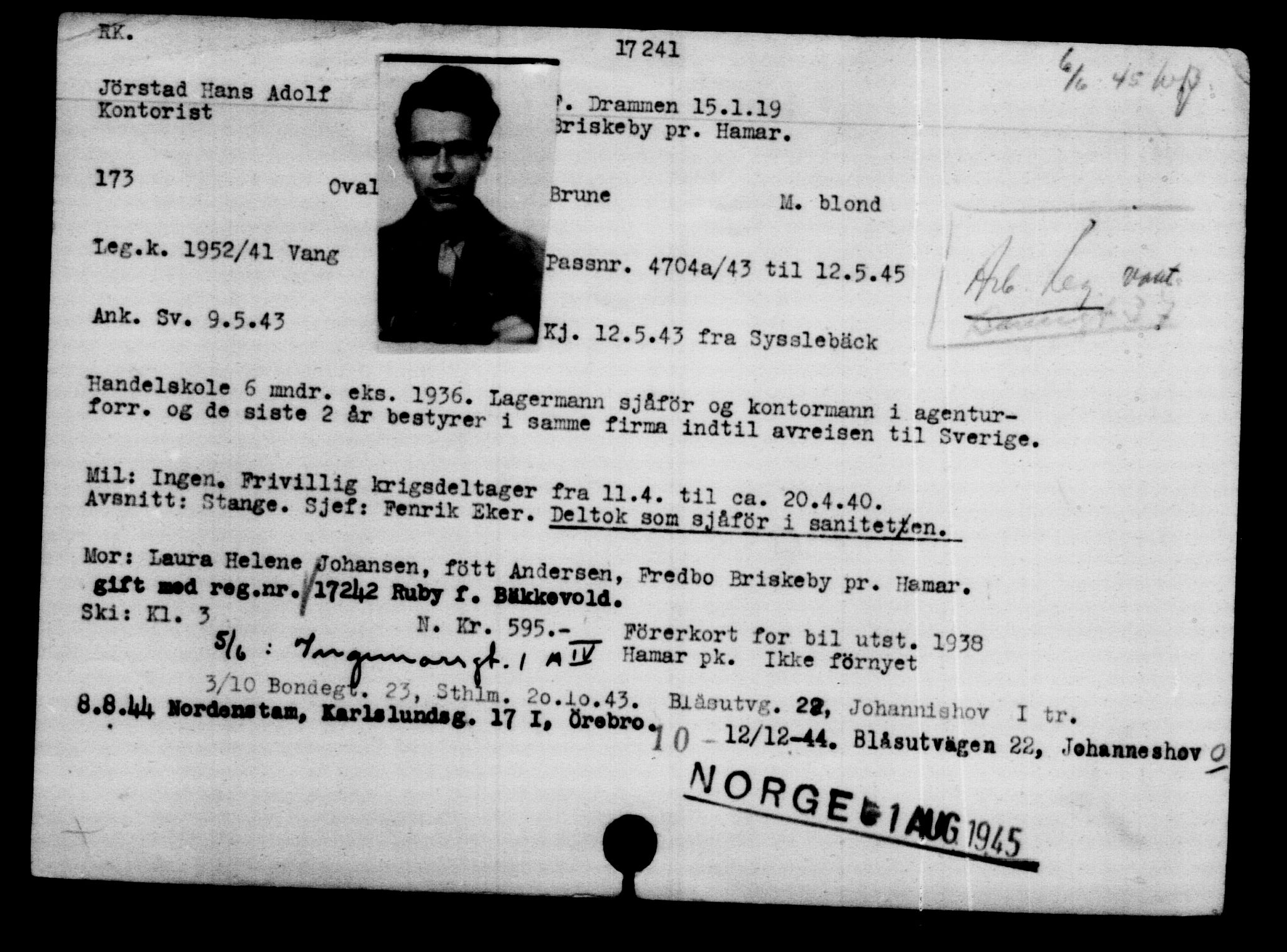 Utenriksstasjonene, Legasjonen i Stockholm, Flyktningkontoret, AV/RA-S-6753/V/Va/L0008: Kjesäterkartoteket, flyktninger med registreringsnr. 15700-18547, 1940-1945, p. 1697