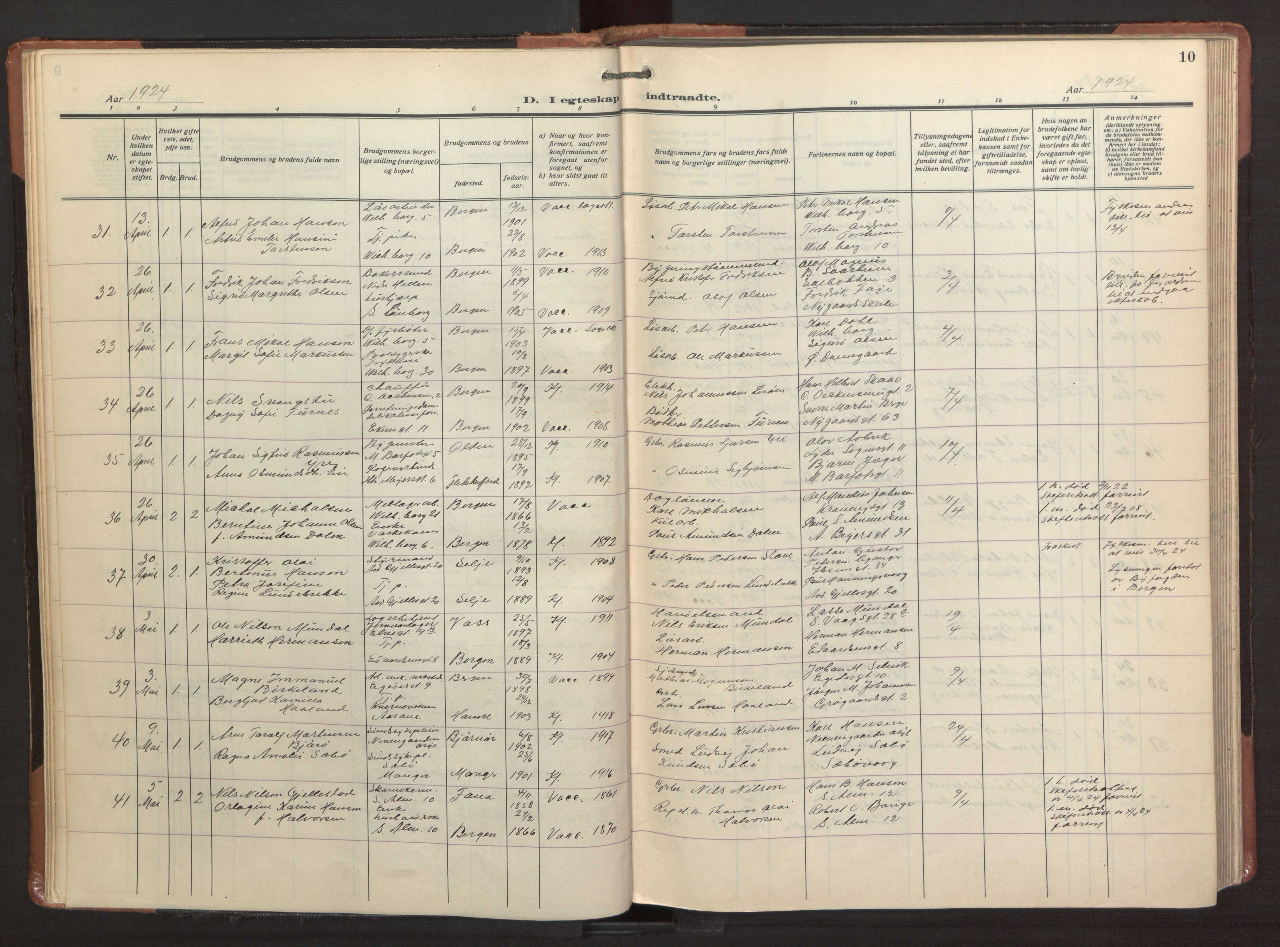 Sandviken Sokneprestembete, SAB/A-77601/H/Ha/L0016: Parish register (official) no. D 3, 1923-1940, p. 10