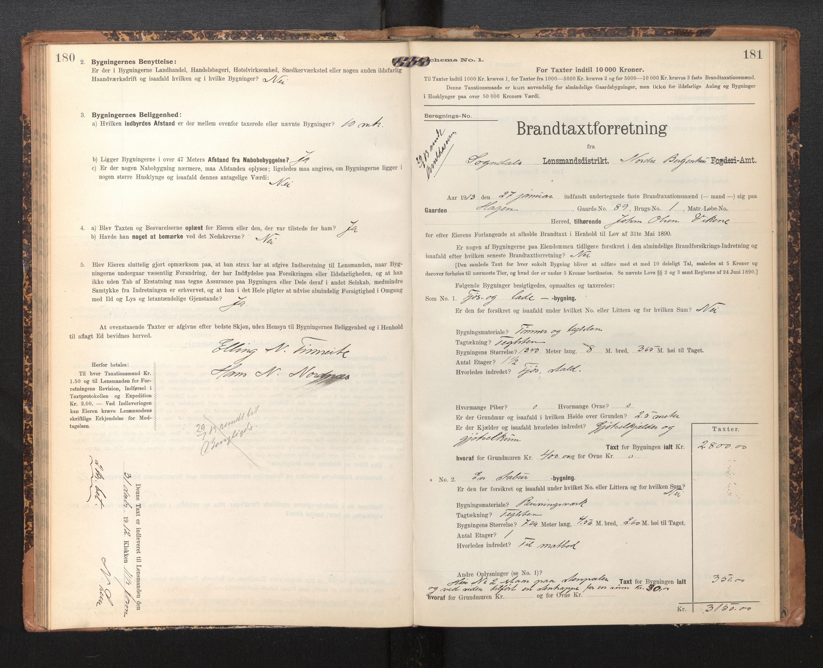 Lensmannen i Sogndal, SAB/A-29901/0012/L0010: Branntakstprotokoll, skjematakst, 1907-1914, p. 180-181