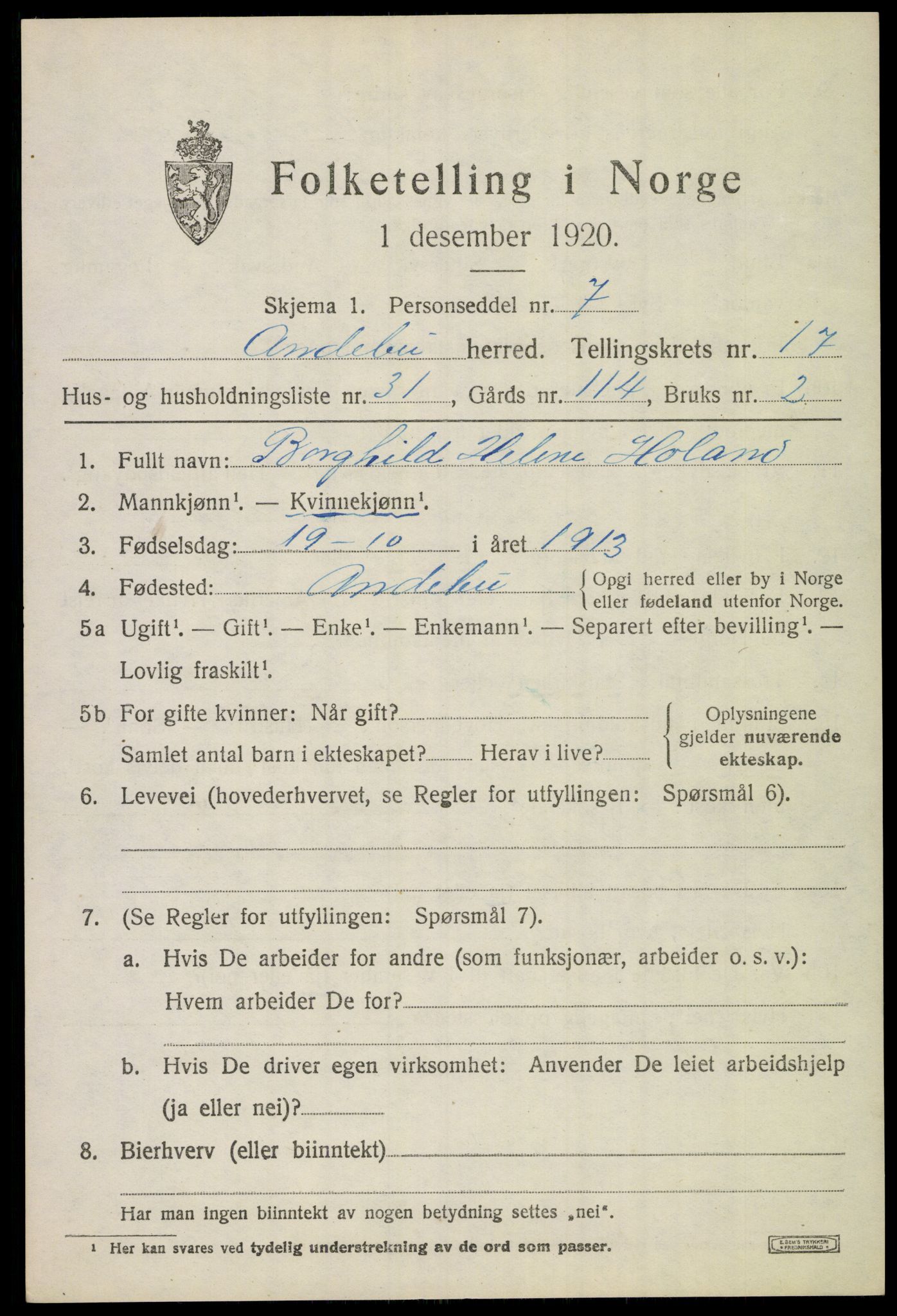 SAKO, 1920 census for Andebu, 1920, p. 6042