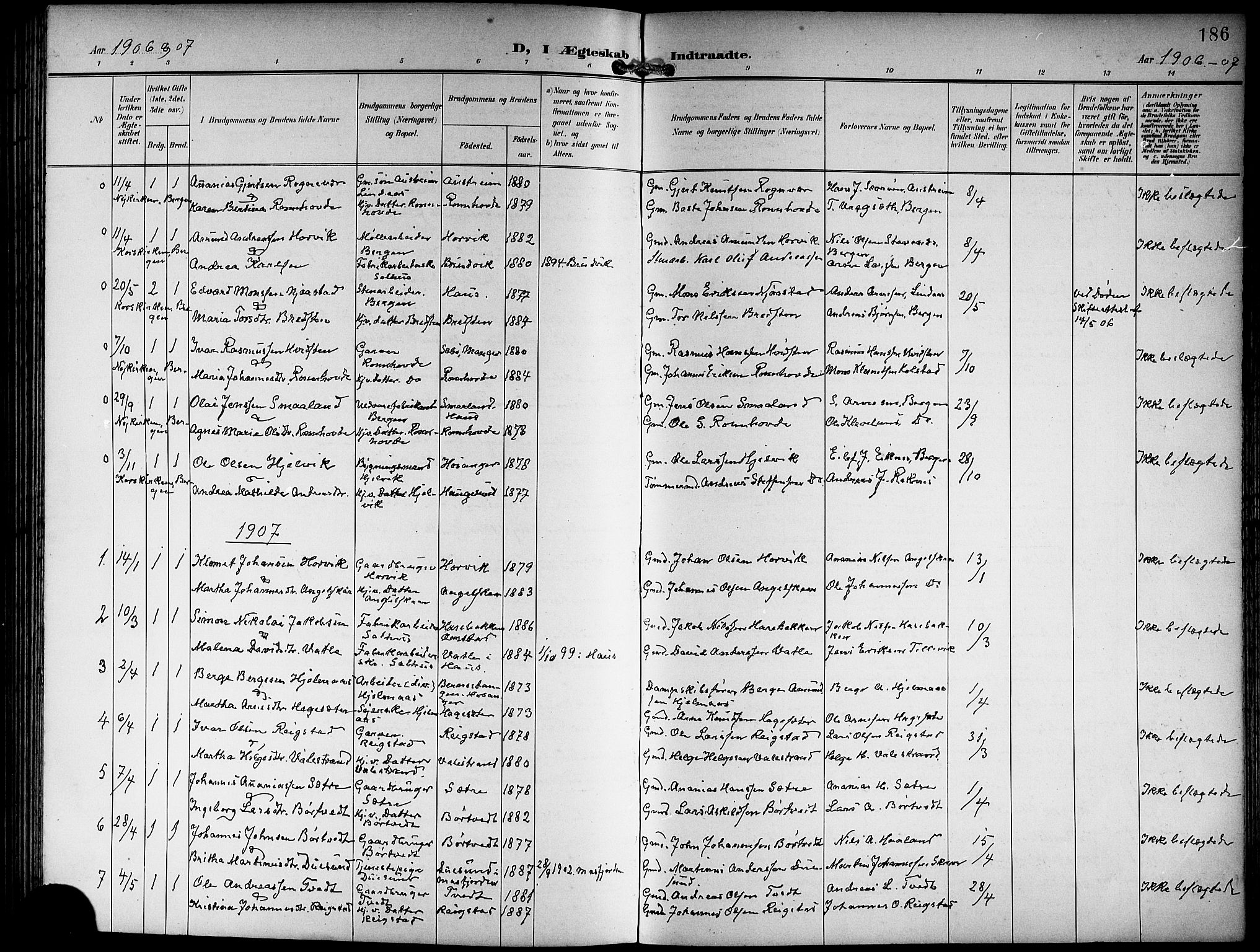 Hamre sokneprestembete, SAB/A-75501/H/Ha/Hab: Parish register (copy) no. B 4, 1898-1919, p. 186