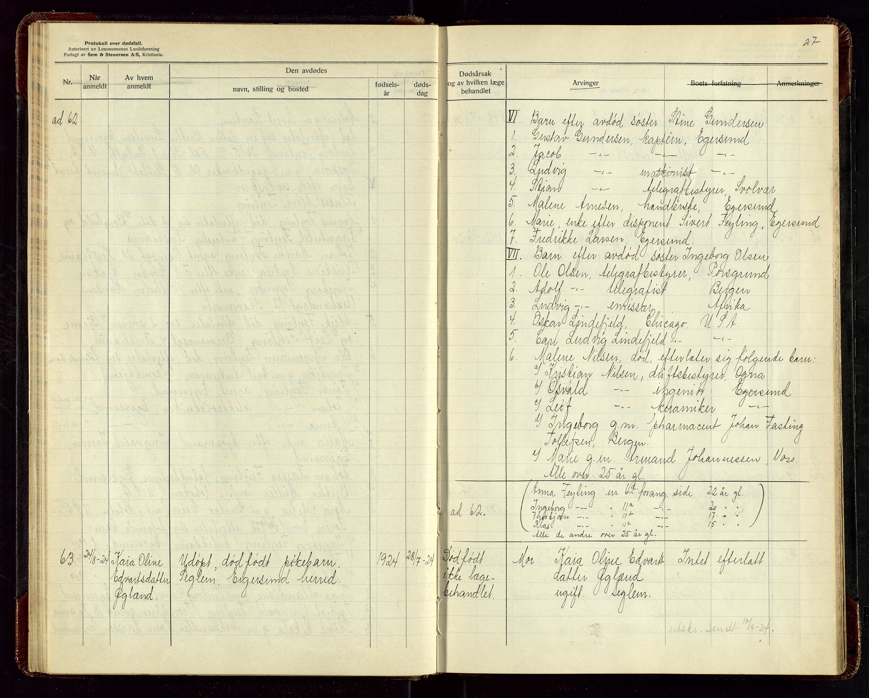 Eigersund lensmannskontor, AV/SAST-A-100171/Gga/L0009: "Protokoll over anmeldte dødsfall" m/alfabetisk navneregister, 1922-1926, p. 27