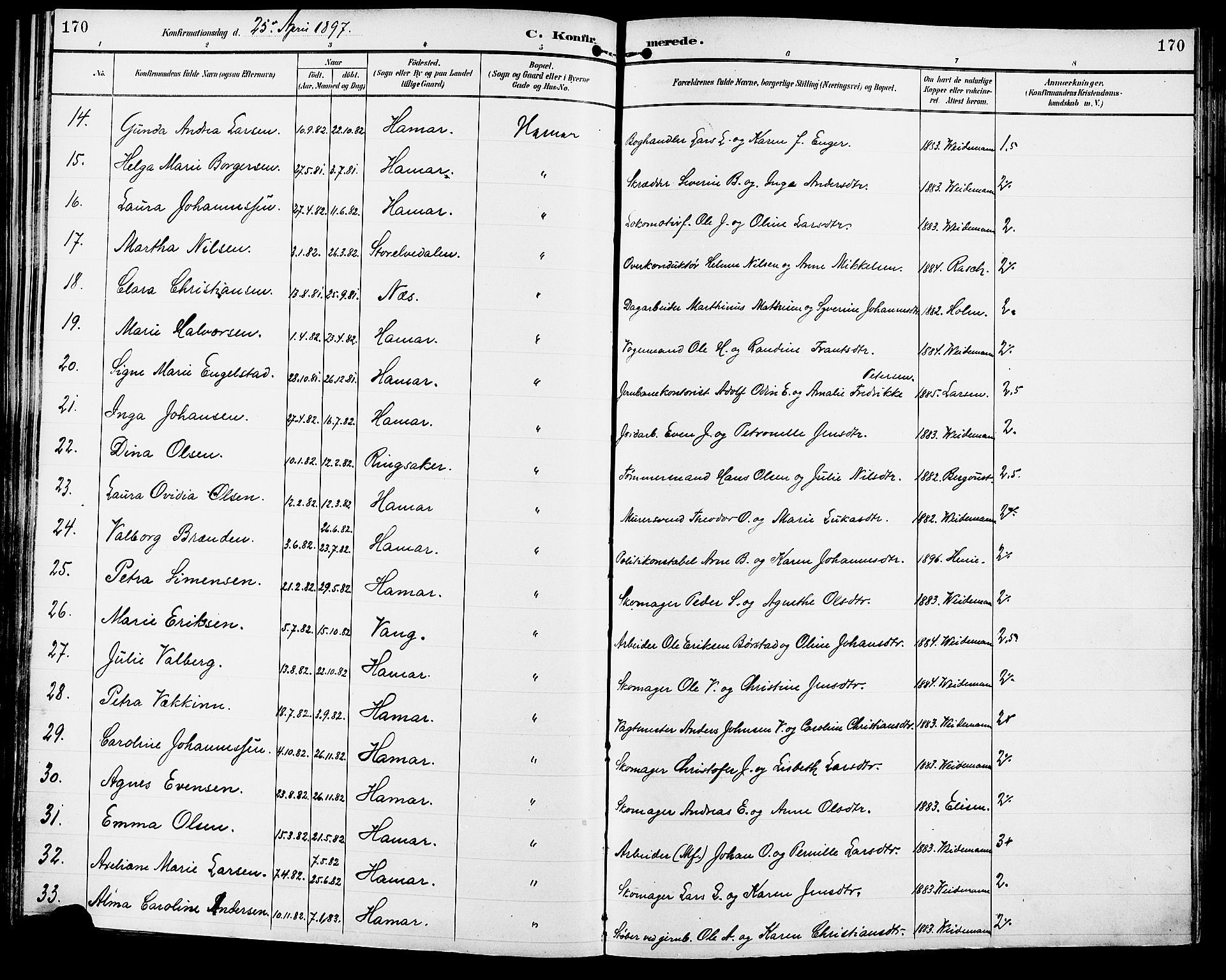 Vang prestekontor, Hedmark, SAH/PREST-008/H/Ha/Haa/L0017: Parish register (official) no. 17, 1890-1899, p. 170