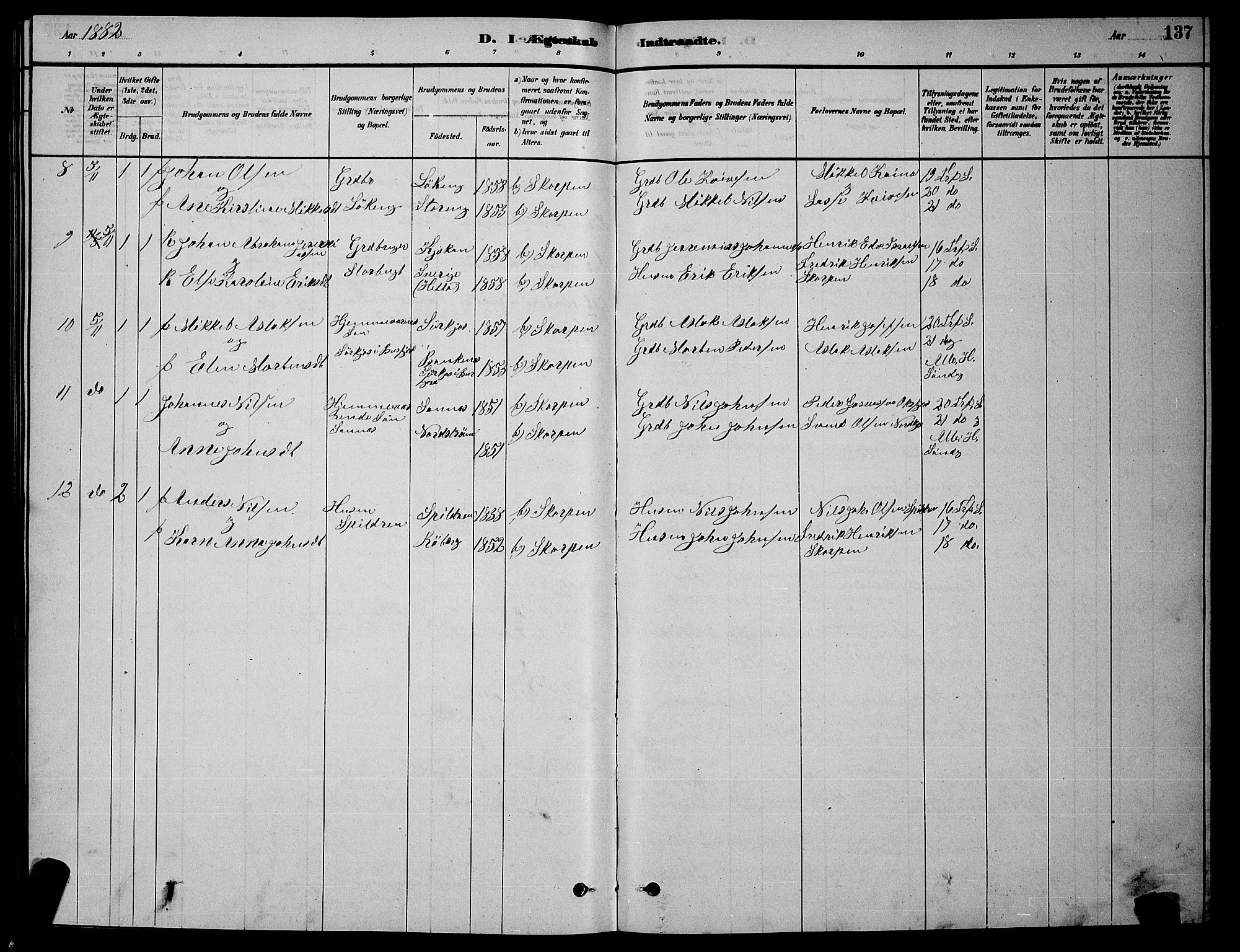 Skjervøy sokneprestkontor, AV/SATØ-S-1300/H/Ha/Hab/L0015klokker: Parish register (copy) no. 15, 1878-1890, p. 137