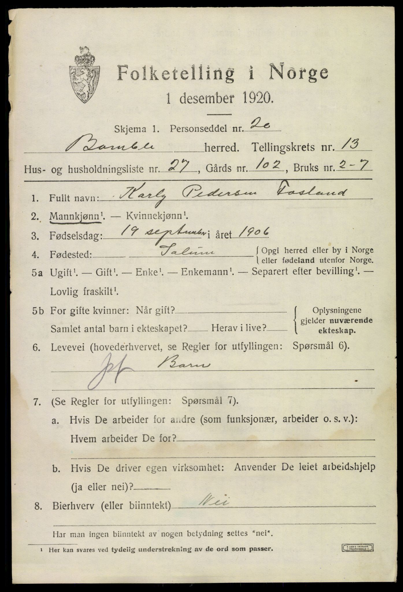 SAKO, 1920 census for Bamble, 1920, p. 9859