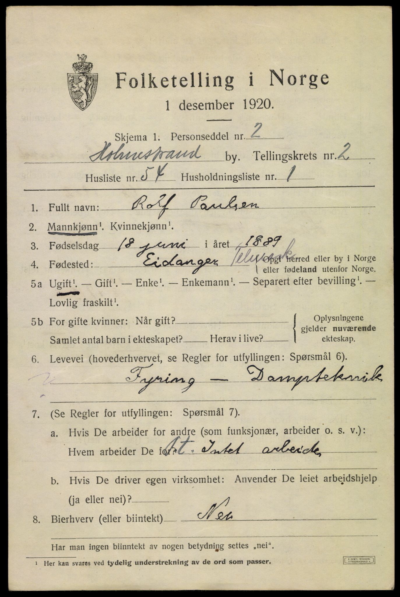 SAKO, 1920 census for Holmestrand, 1920, p. 2844