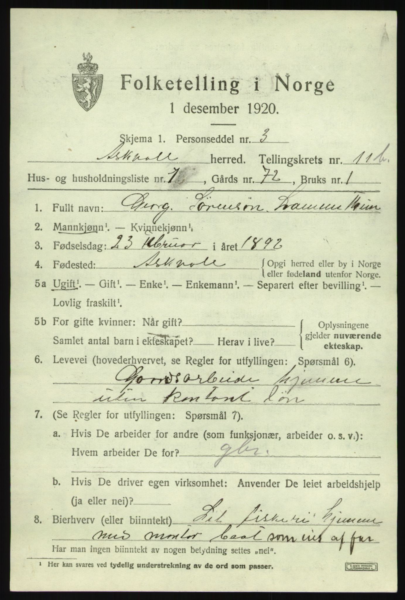 SAB, 1920 census for Askvoll, 1920, p. 4574