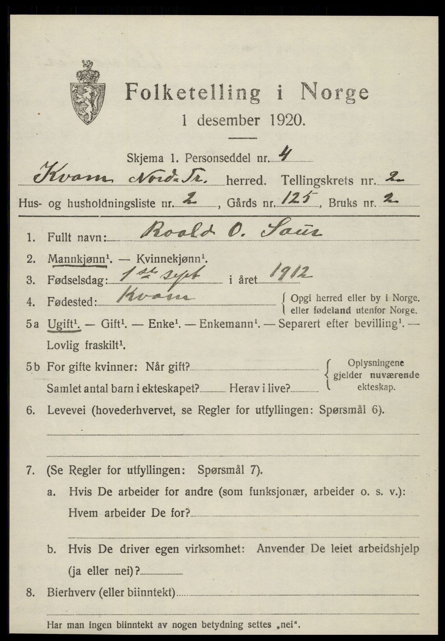 SAT, 1920 census for Kvam, 1920, p. 695