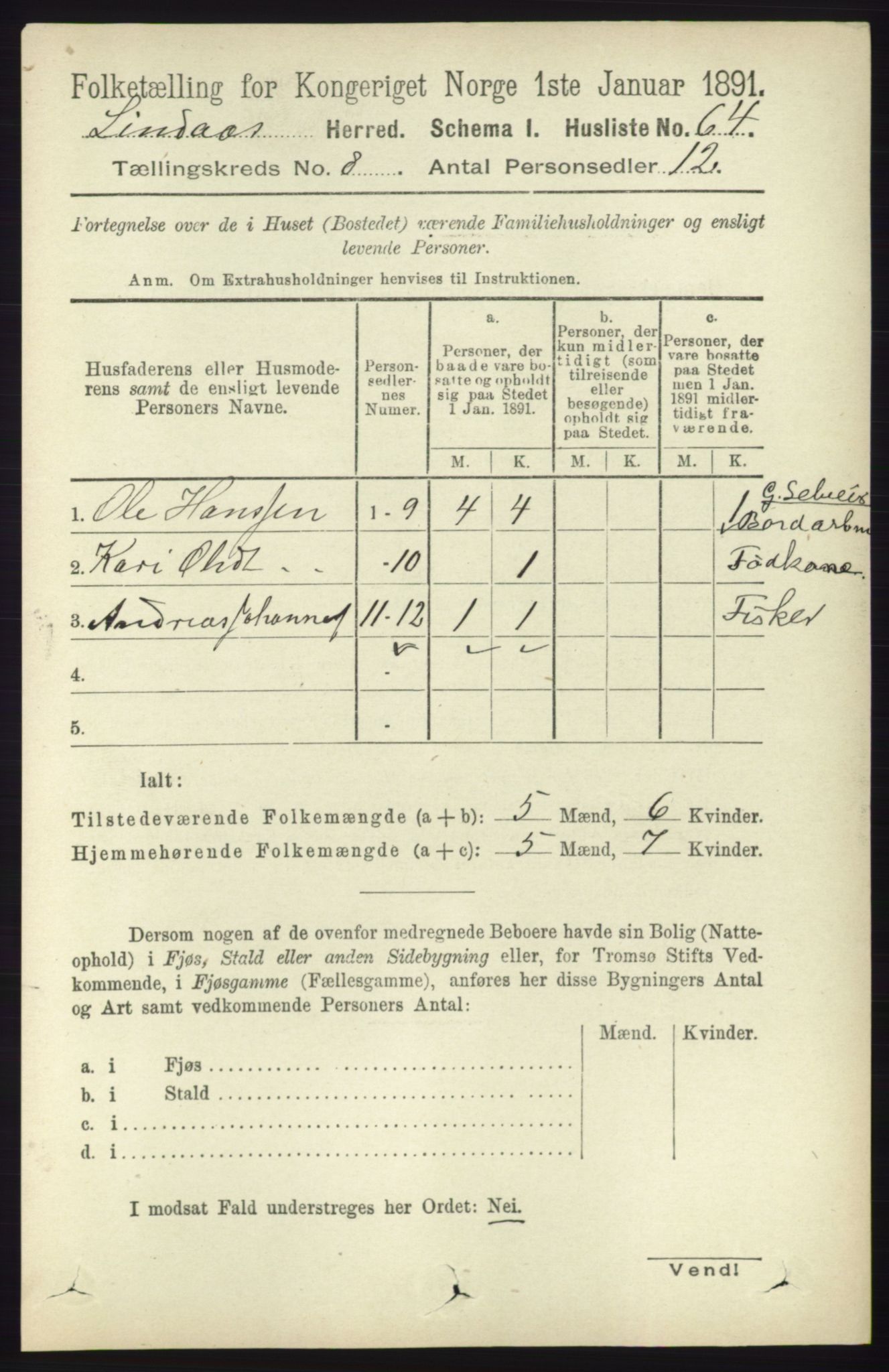 RA, 1891 census for 1263 Lindås, 1891, p. 2417