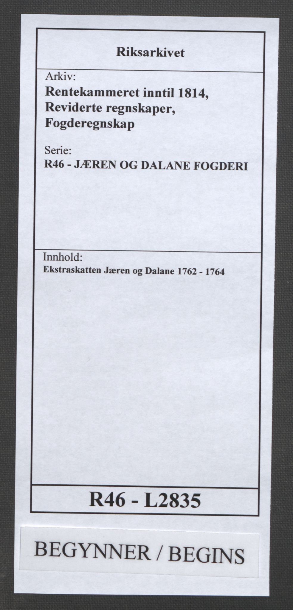 Rentekammeret inntil 1814, Reviderte regnskaper, Fogderegnskap, RA/EA-4092/R46/L2835: Ekstraskatten Jæren og Dalane, 1762-1764, p. 1